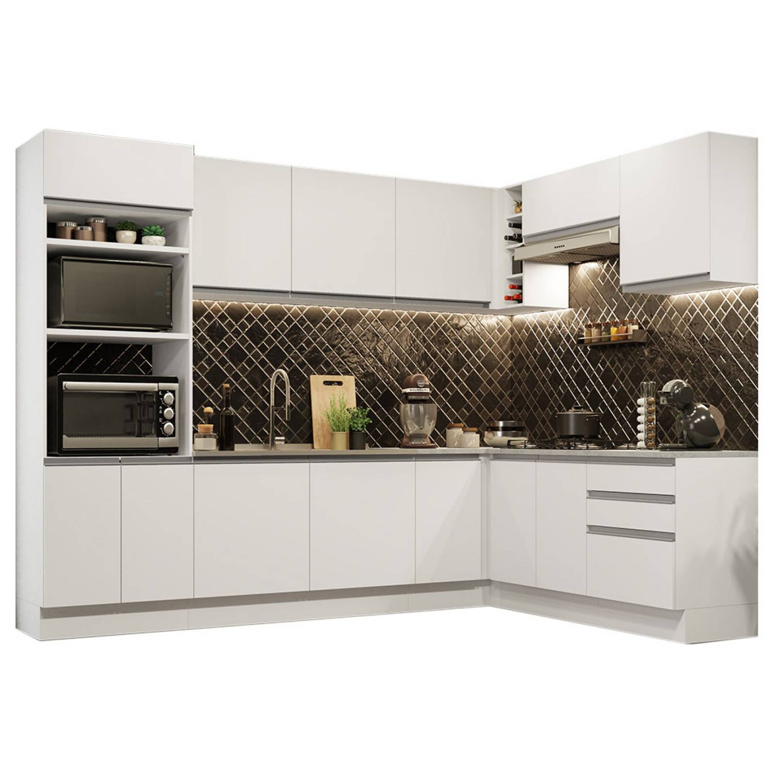 Mueble de Cocina Integral Esquinera 479cm Blanco Glamy Madesa 01