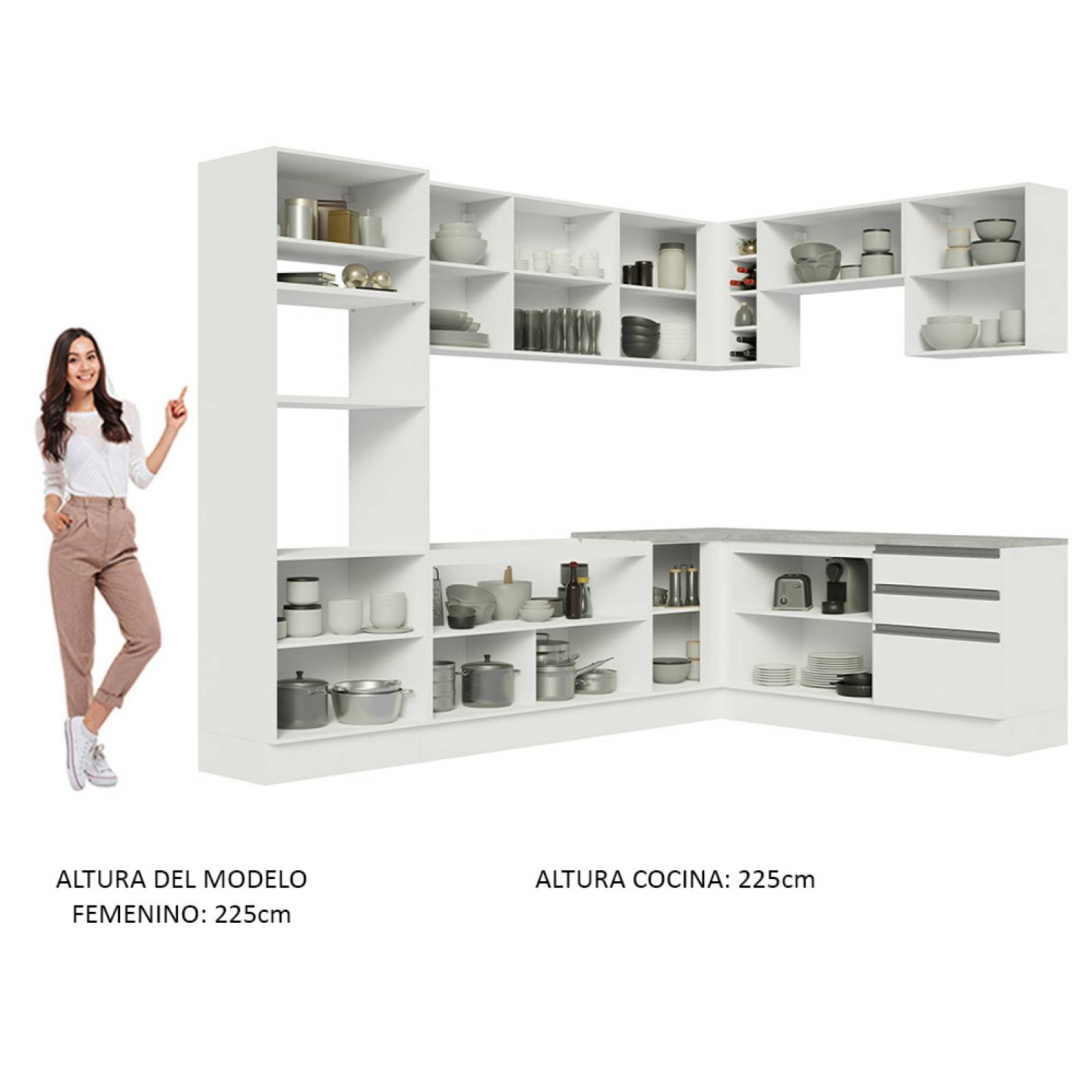 Mueble de Cocina Integral Esquinera 479cm Blanco Glamy Madesa 01