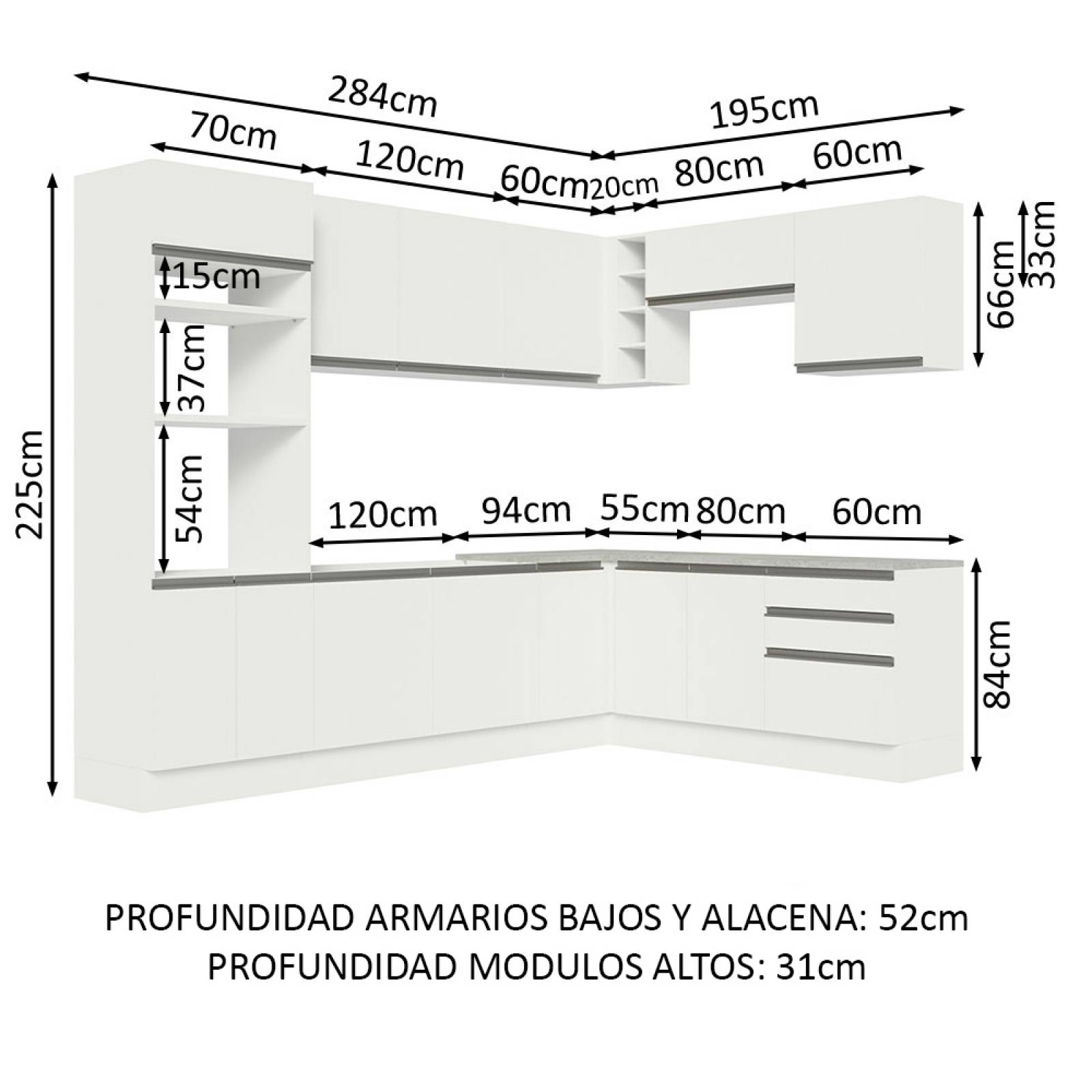 Mueble de Cocina Integral Esquinera 479cm Blanco Glamy Madesa 01