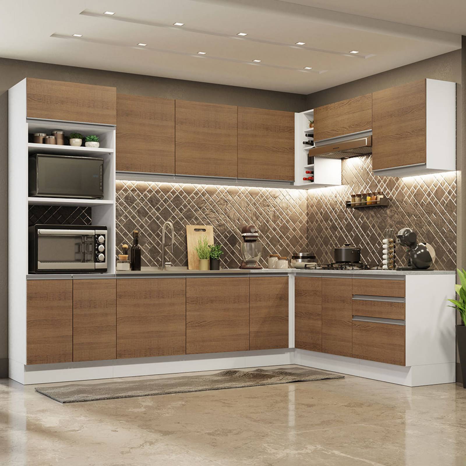 Mueble de Cocina Integral Esquinera 479cm Blanco Glamy Madesa 01