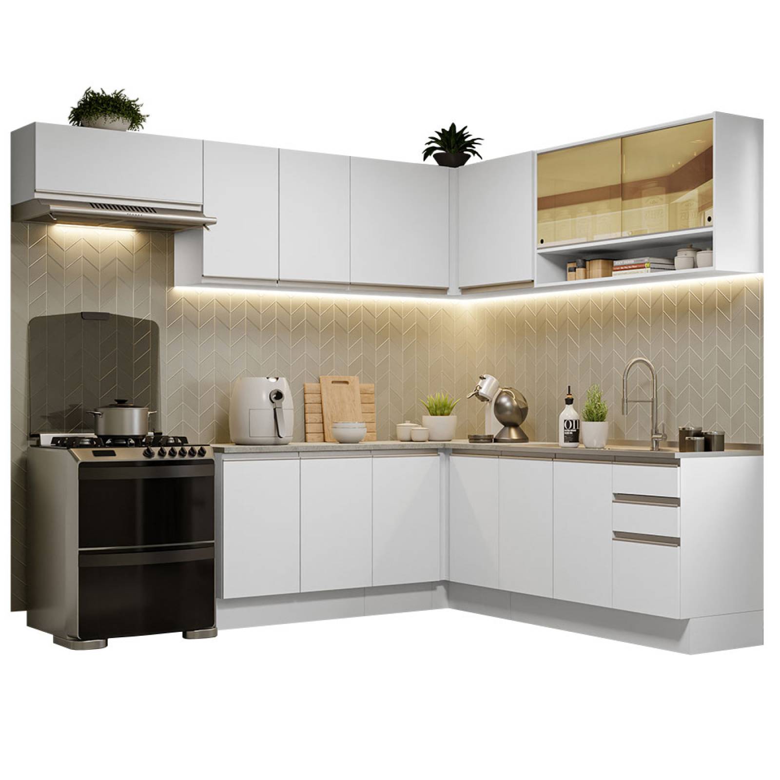 Cocina Integral Esquinera 469cm Blanco Glamy Madesa 01.