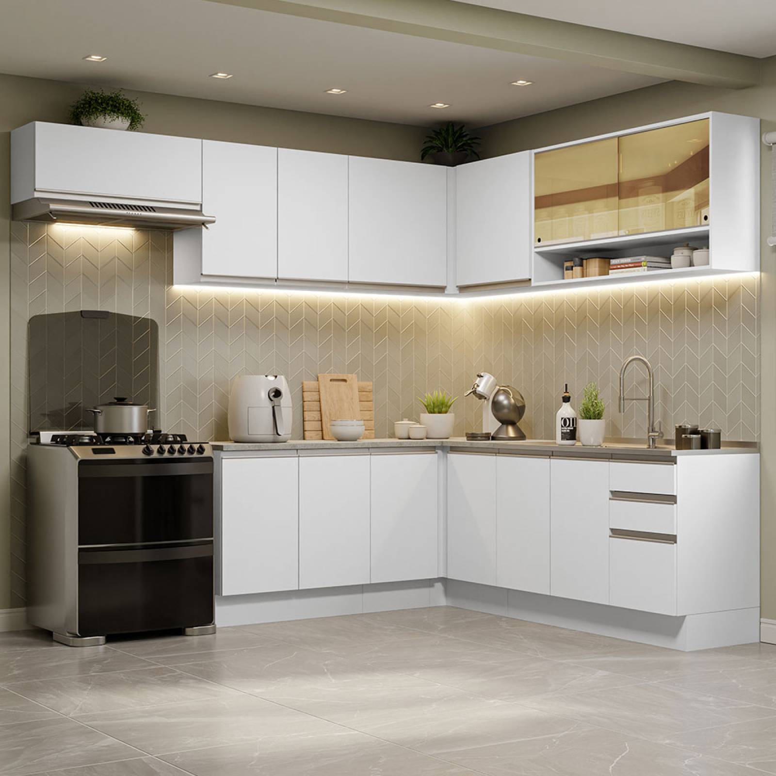 Cocina Integral Esquinera 469cm Blanco Glamy Madesa 01.