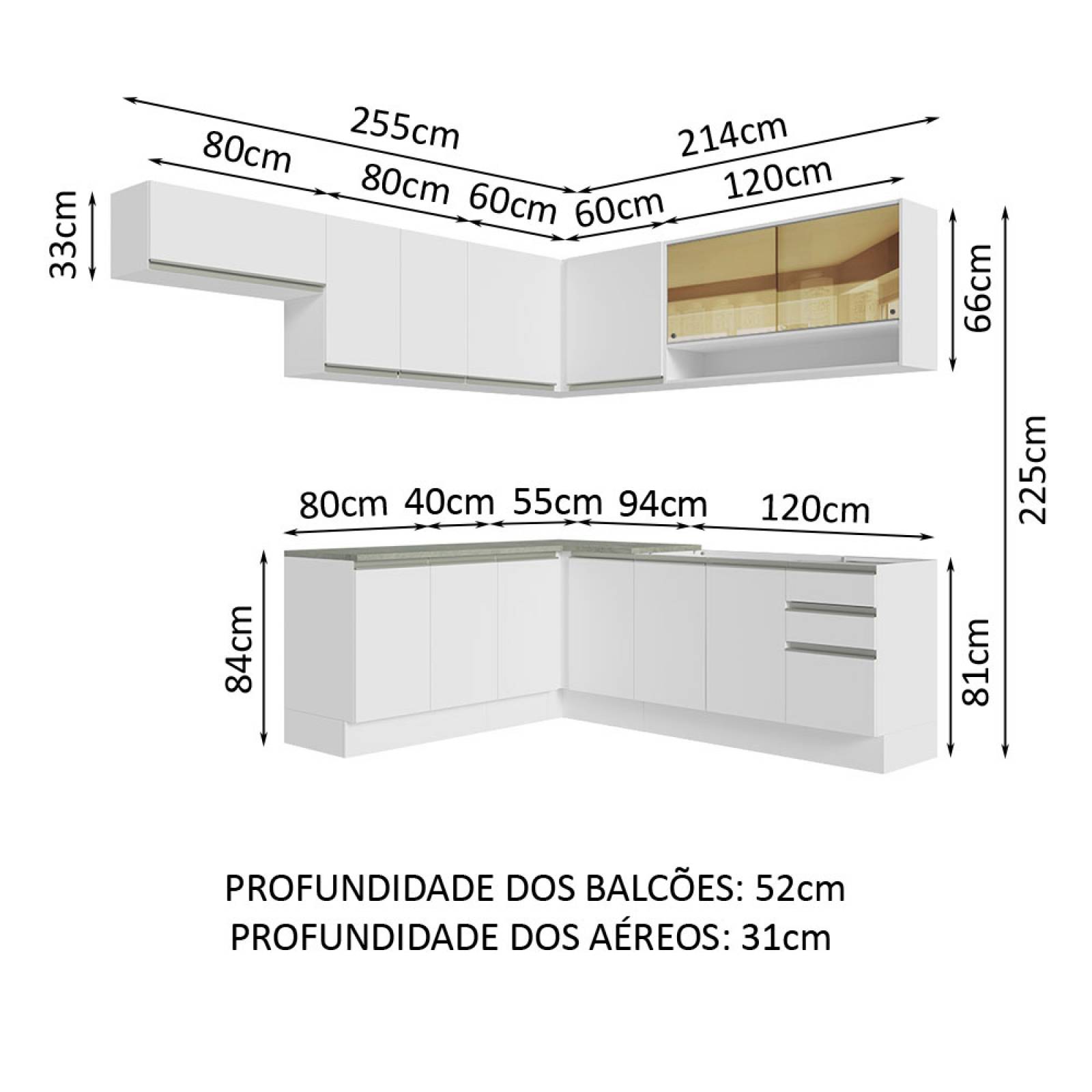 Cocina Integral Esquinera 469cm Blanco Glamy Madesa 01.