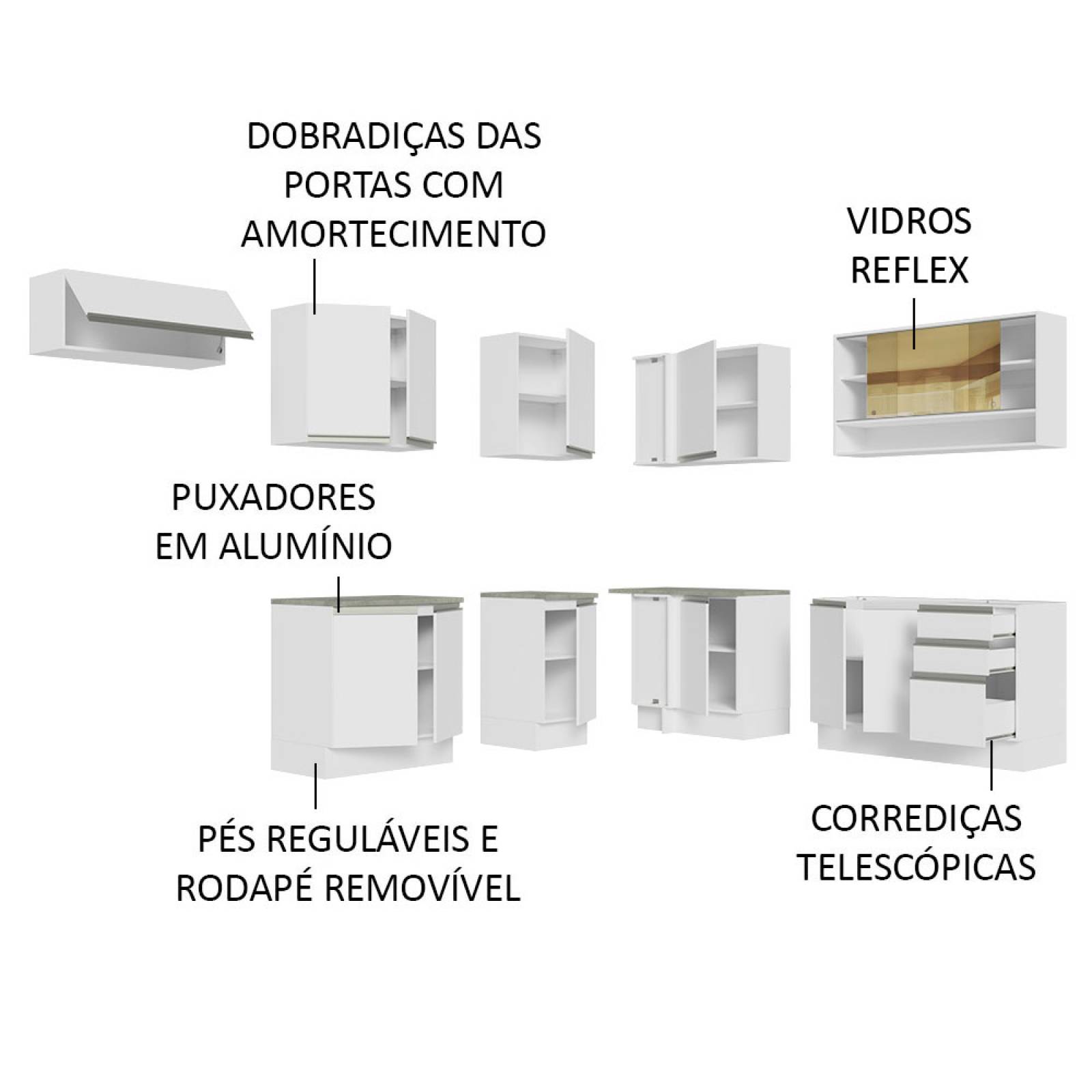 Cocina Integral Esquinera 469cm Blanco Glamy Madesa 01.