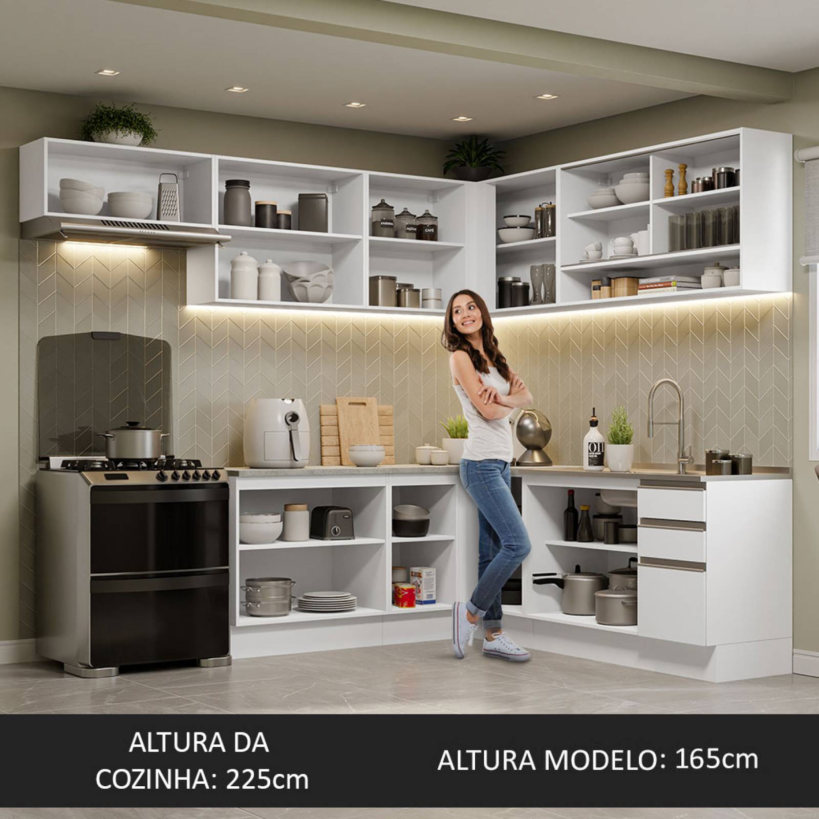 Cocina Integral Esquinera 469cm Blanco Glamy Madesa 01.