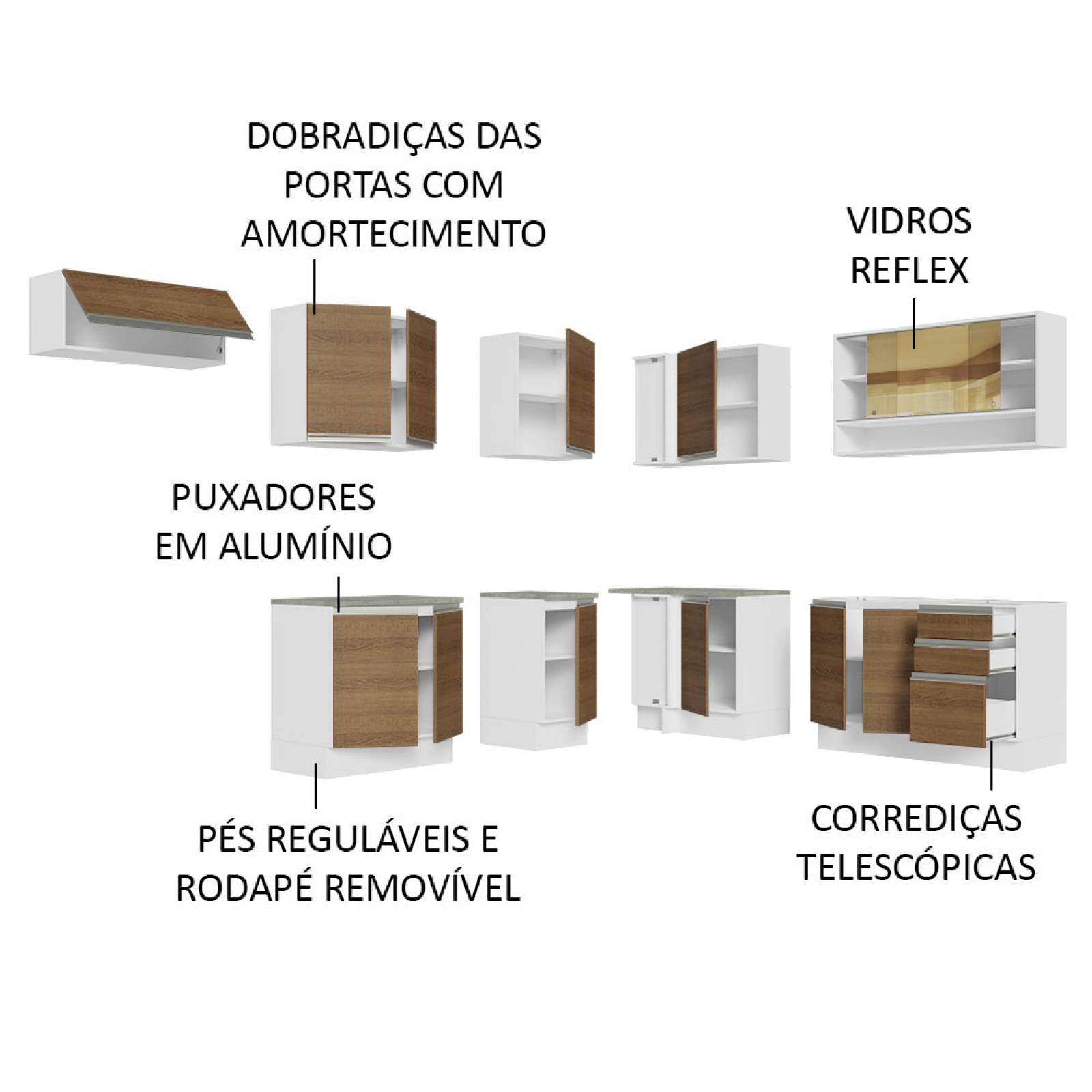 Cocina Integral Esquinera 469cm Blanco Glamy Madesa 01.