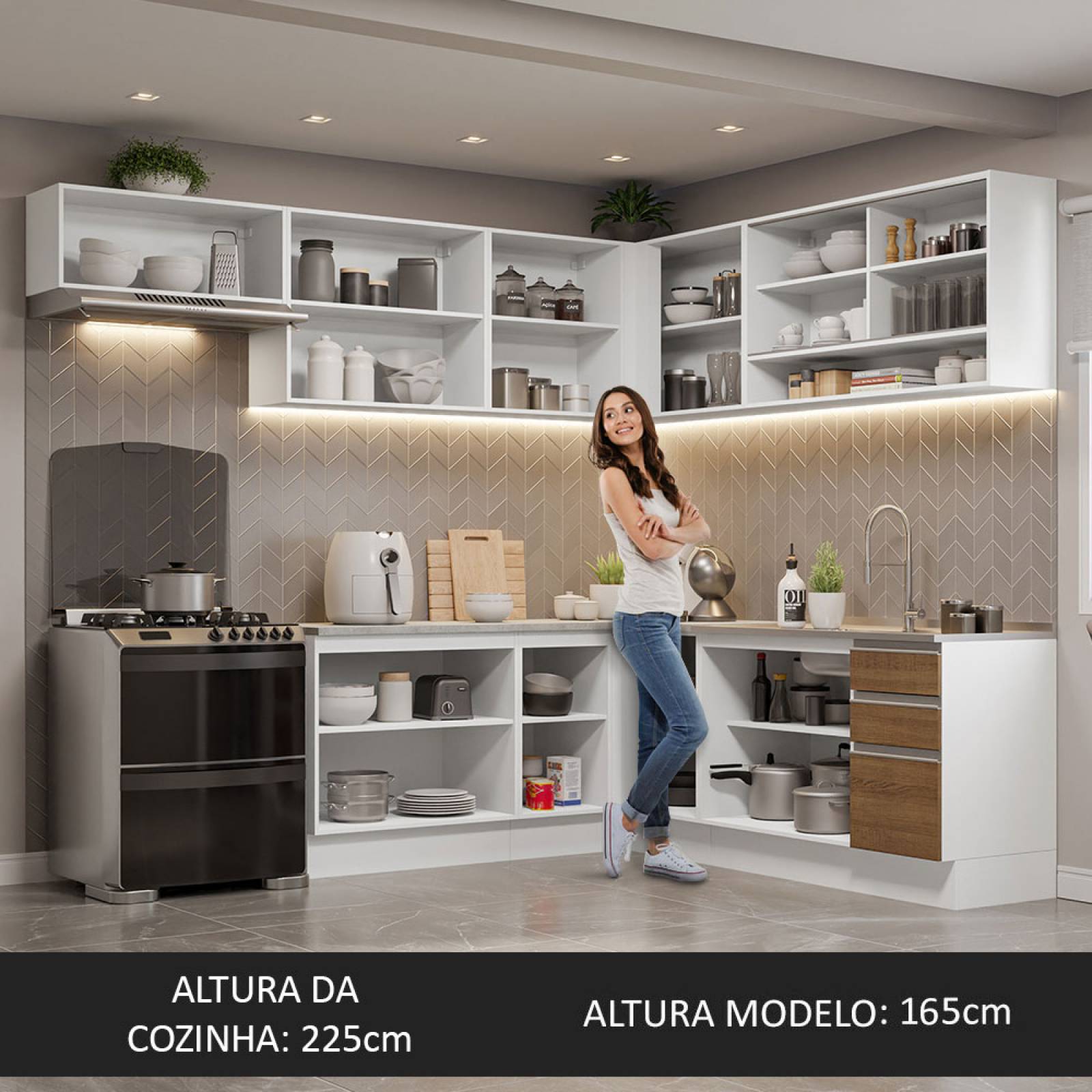 Cocina Integral Esquinera 469cm Blanco Glamy Madesa 01.