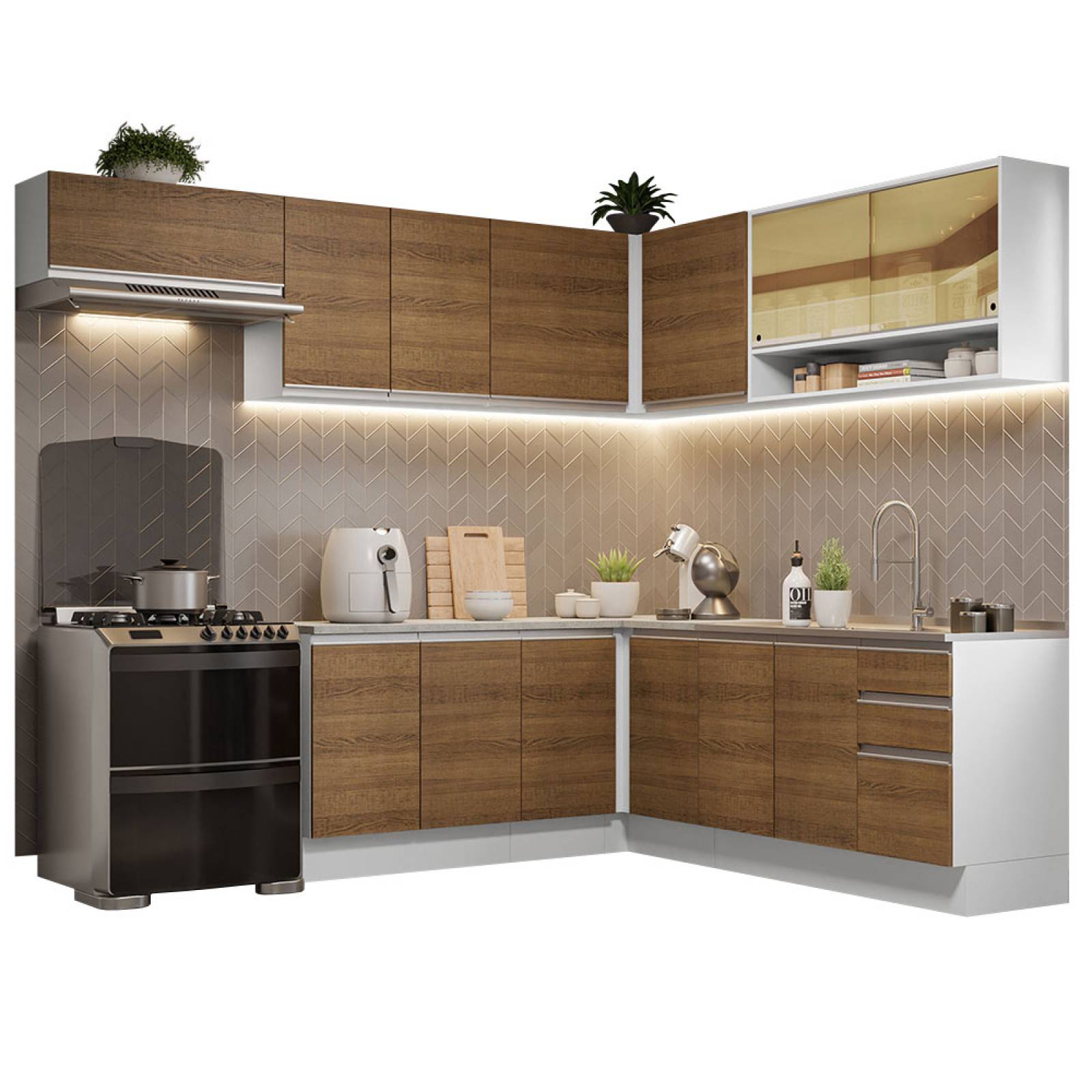 Cocina Integral Esquinera 469cm Blanco Glamy Madesa 01.