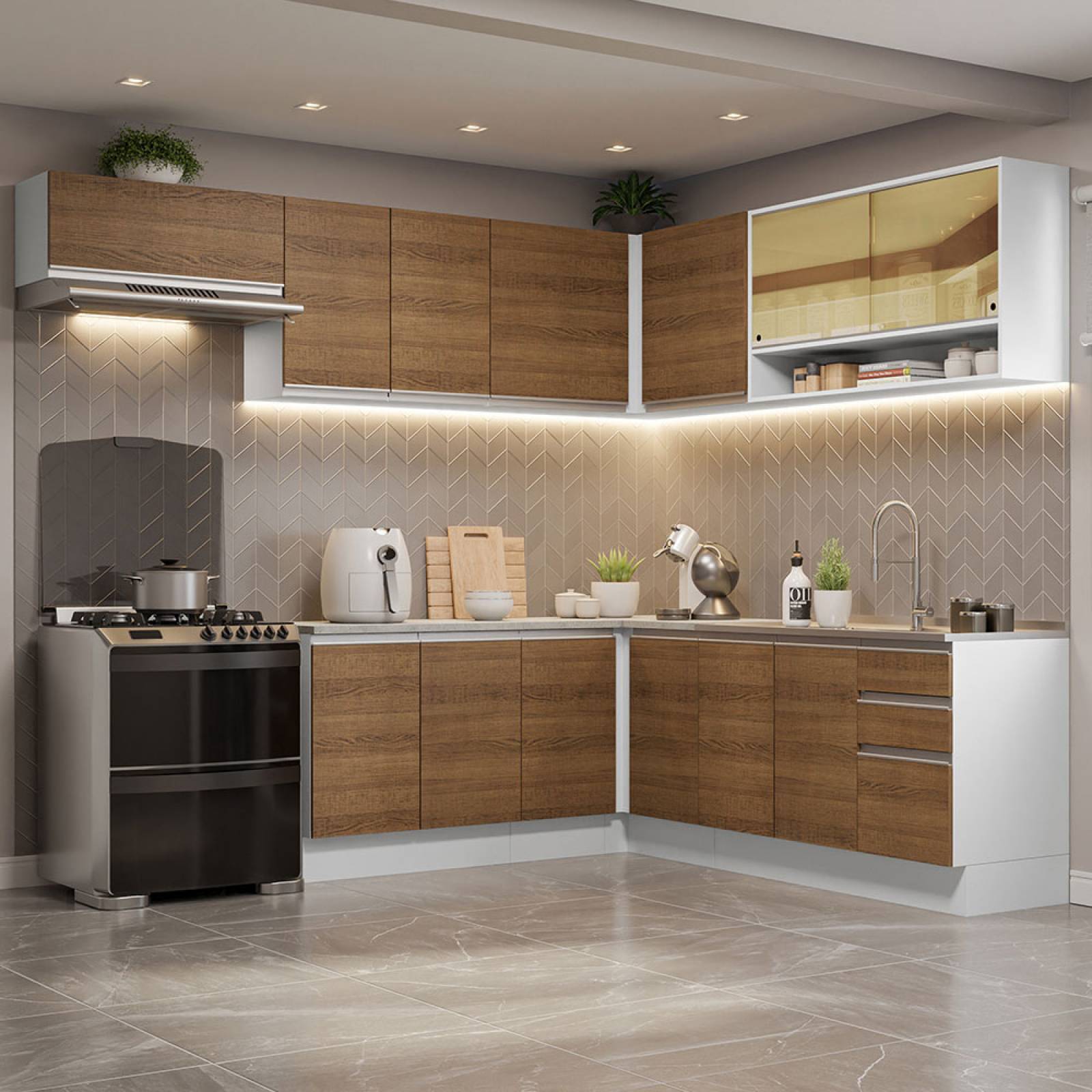 Cocina Integral Esquinera 469cm Blanco Glamy Madesa 01.