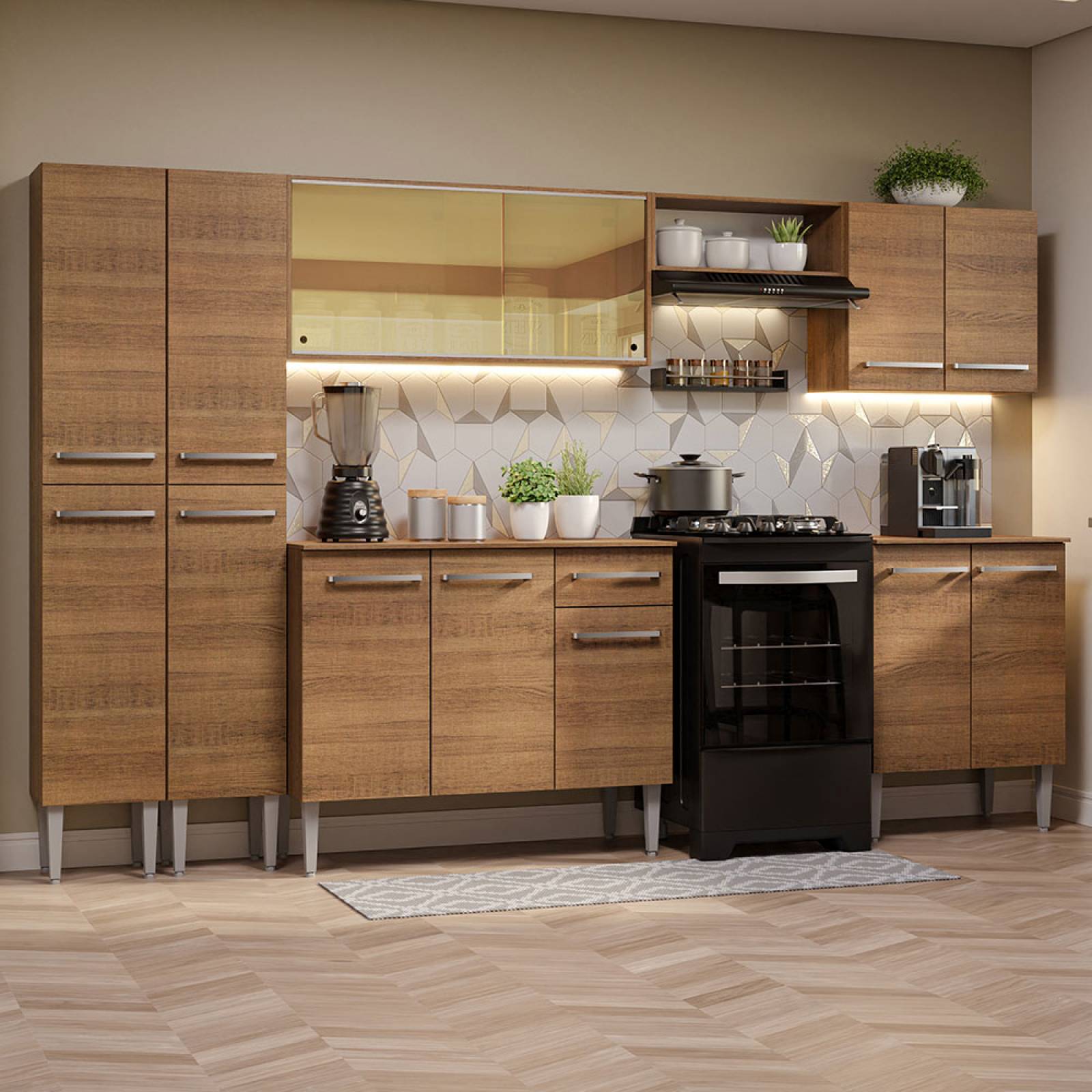 Mueble de Cocina Integral 293cm Marrón Emilly Madesa 05.
