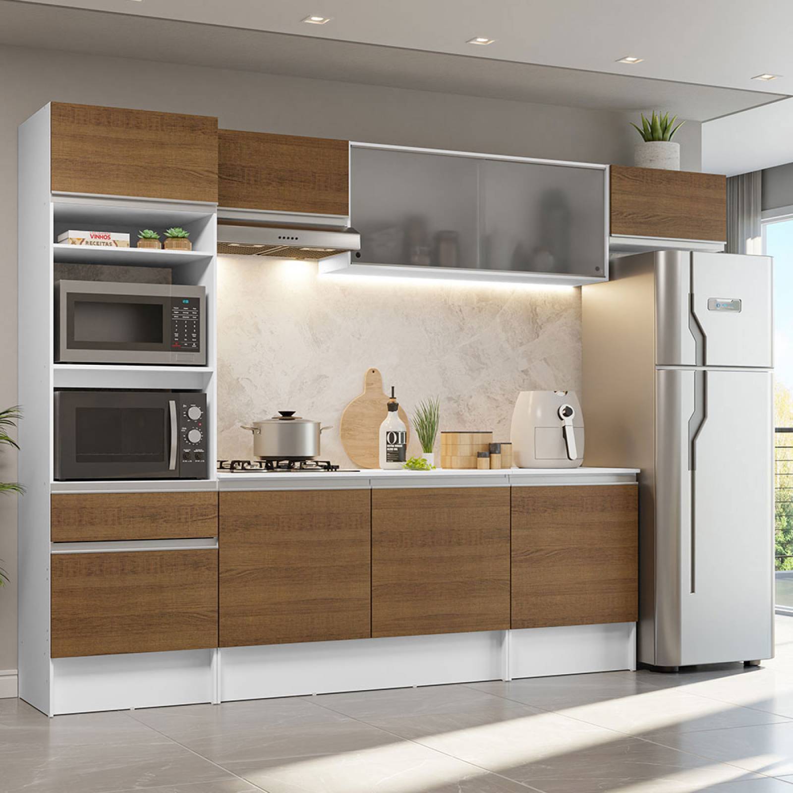 Mueble de Cocina Integral 300cm Blanco/Marrón Topazio Madesa 01.