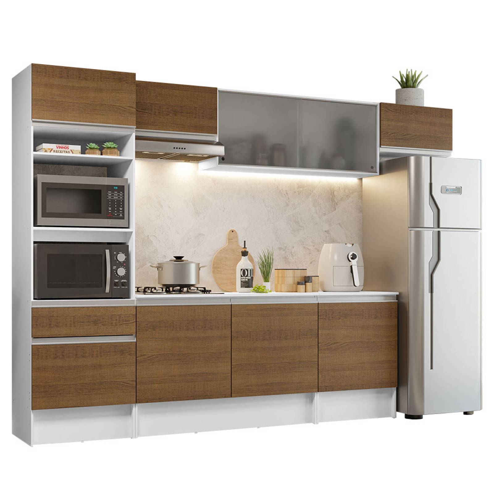 Mueble de Cocina Integral 300cm Blanco/Marrón Topazio Madesa 01.