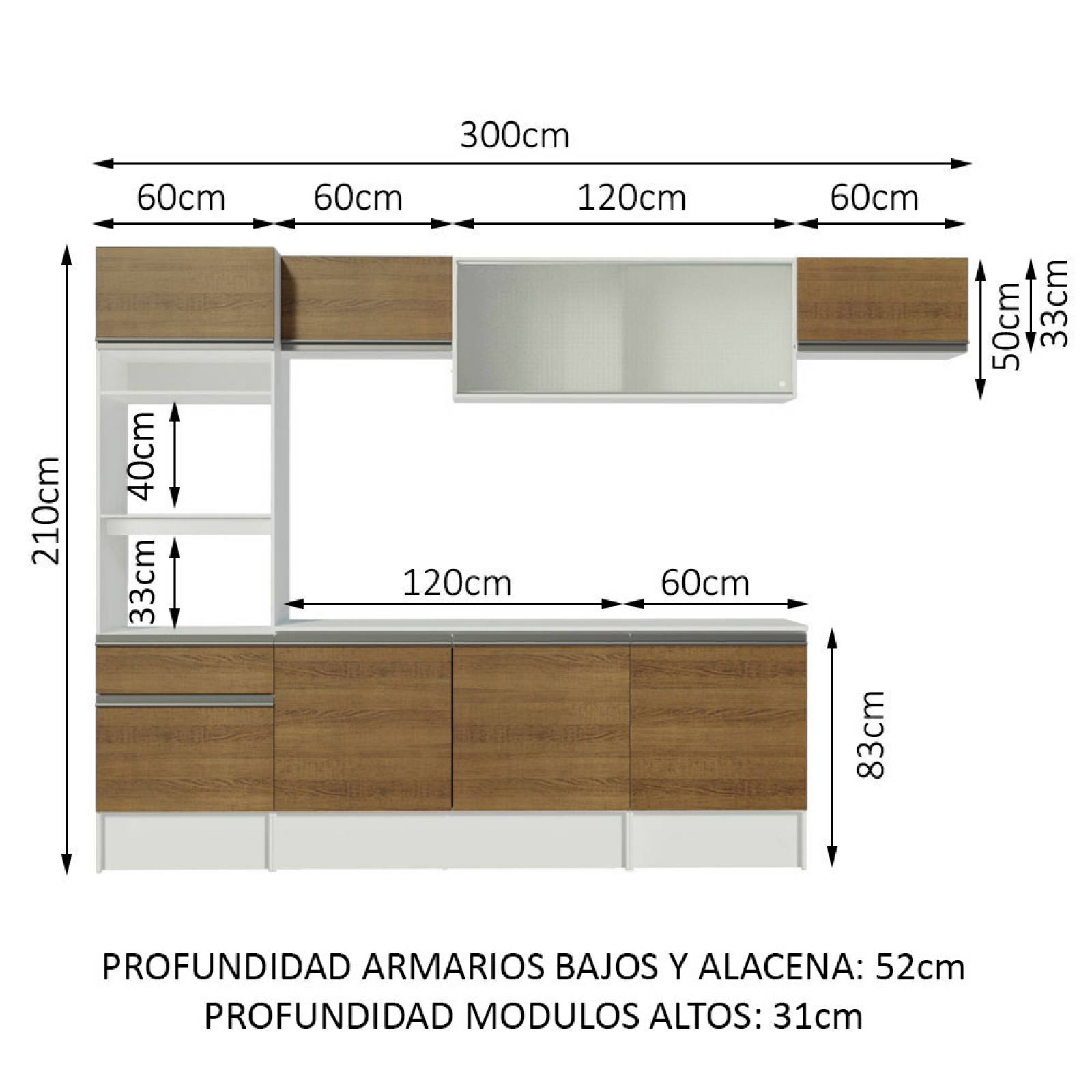 Mueble de Cocina Integral 300cm Blanco/Marrón Topazio Madesa 01.