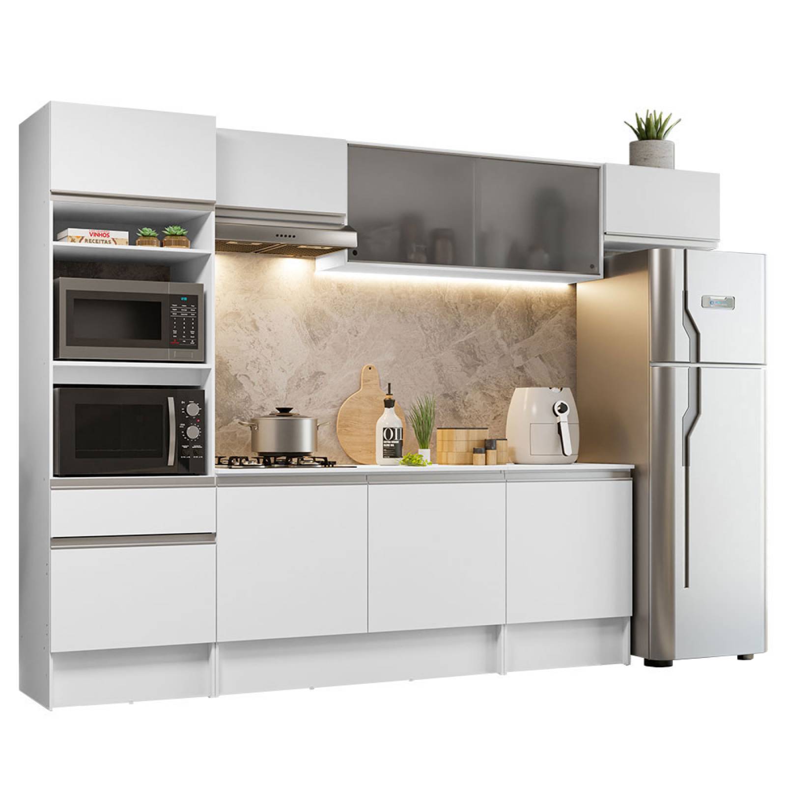 Mueble de Cocina Integral 300cm Blanco/Marrón Topazio Madesa 01.
