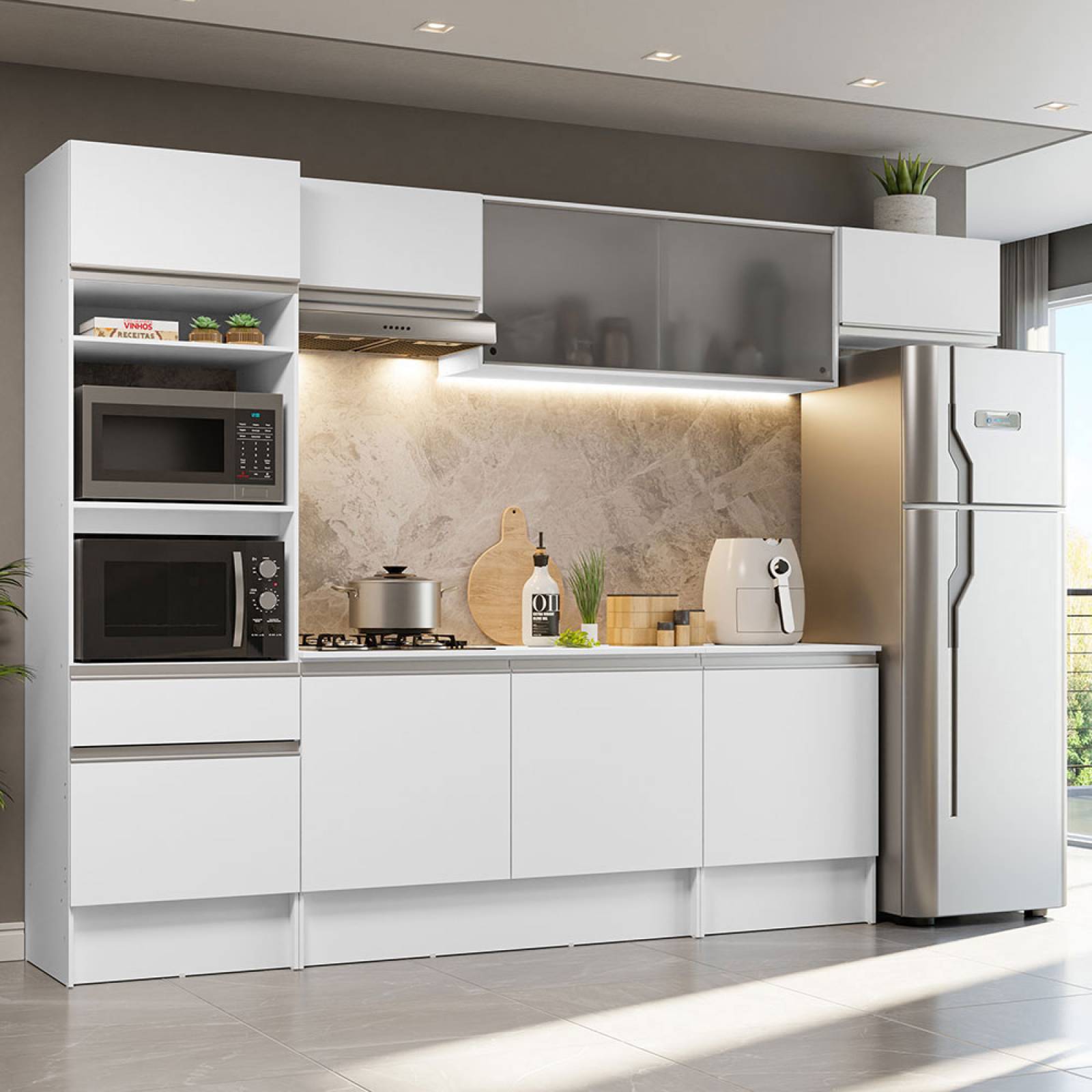 Mueble de Cocina Integral 300cm Blanco/Marrón Topazio Madesa 01.