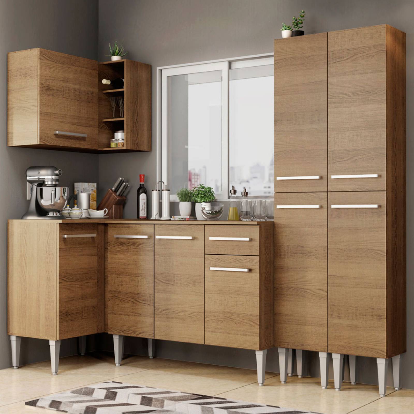 Mueble de Cocina Integral Esquinera 293 cm Marrón Emilly Music Madesa 02.