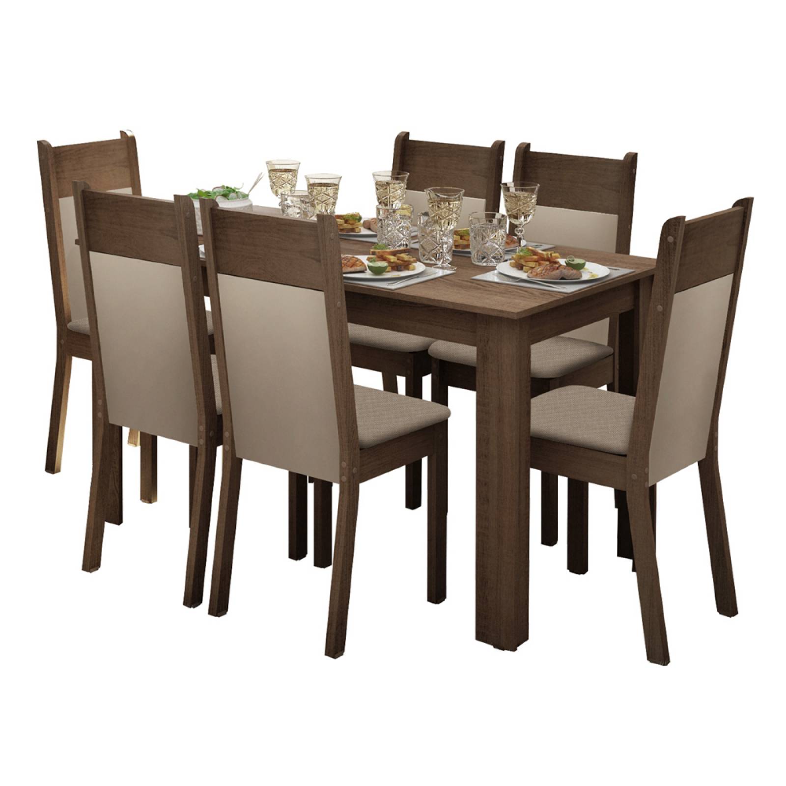 Juego de Comedor Madesa Jaíne Mesa con Tablero de Madera y 6 Sillas Marrón/Crema/Beige
