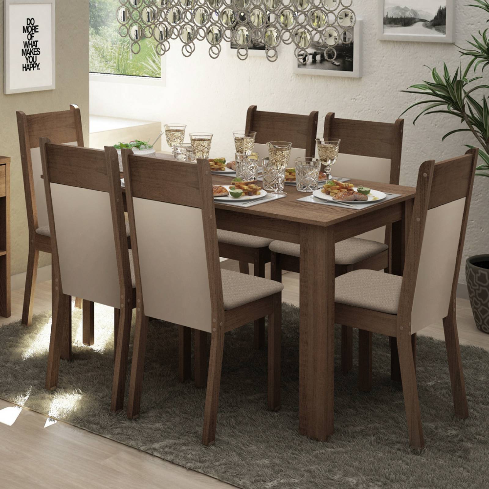 Juego de Comedor Madesa Jaíne Mesa con Tablero de Madera y 6 Sillas Marrón/Crema/Beige