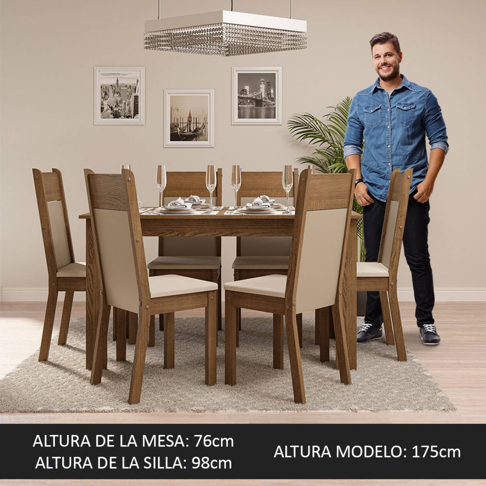 Juego de Comedor Madesa Jaíne Mesa con Tablero de Madera y 6 Sillas Marrón/Crema/Beige