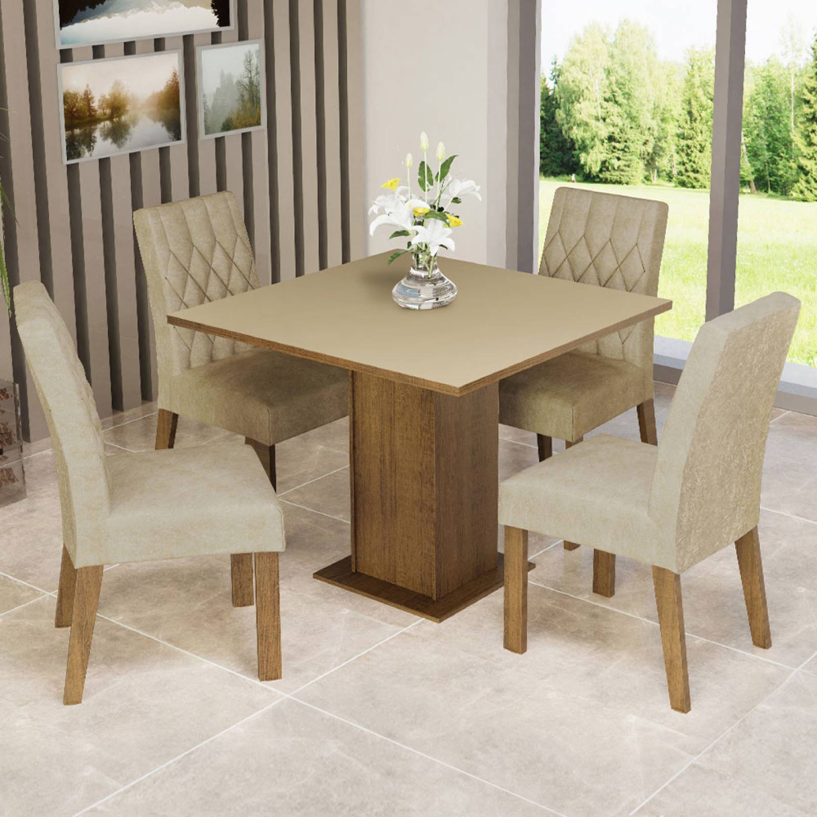Juego de Comedor Madesa Livia Mesa con Tablero de Madera y 4 Sillas Marrón/Crema/Imperial