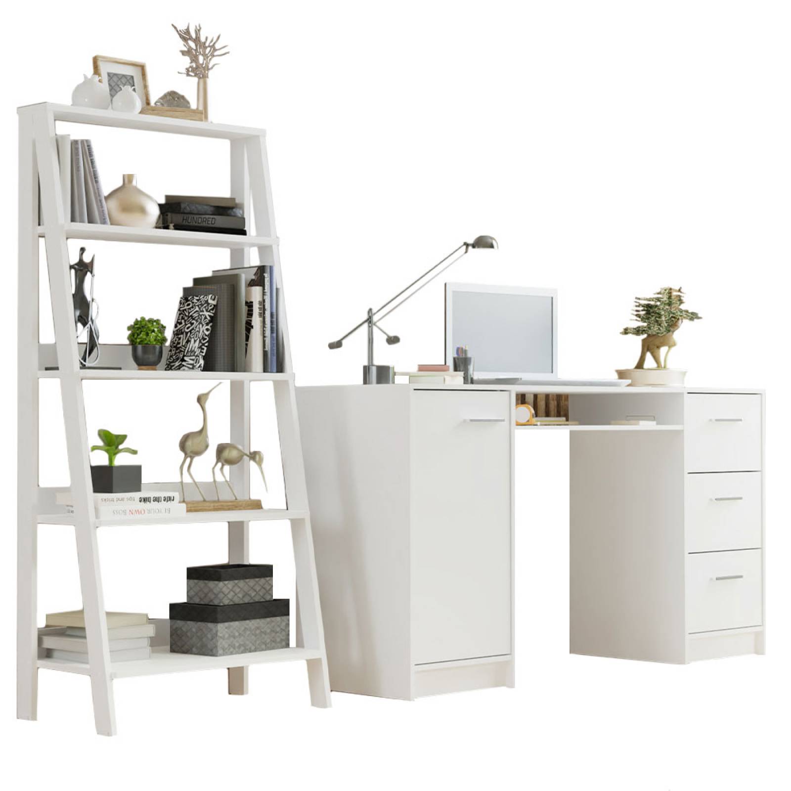 Escritorio Madesa Alaska + Estanteria Escalera Blanco