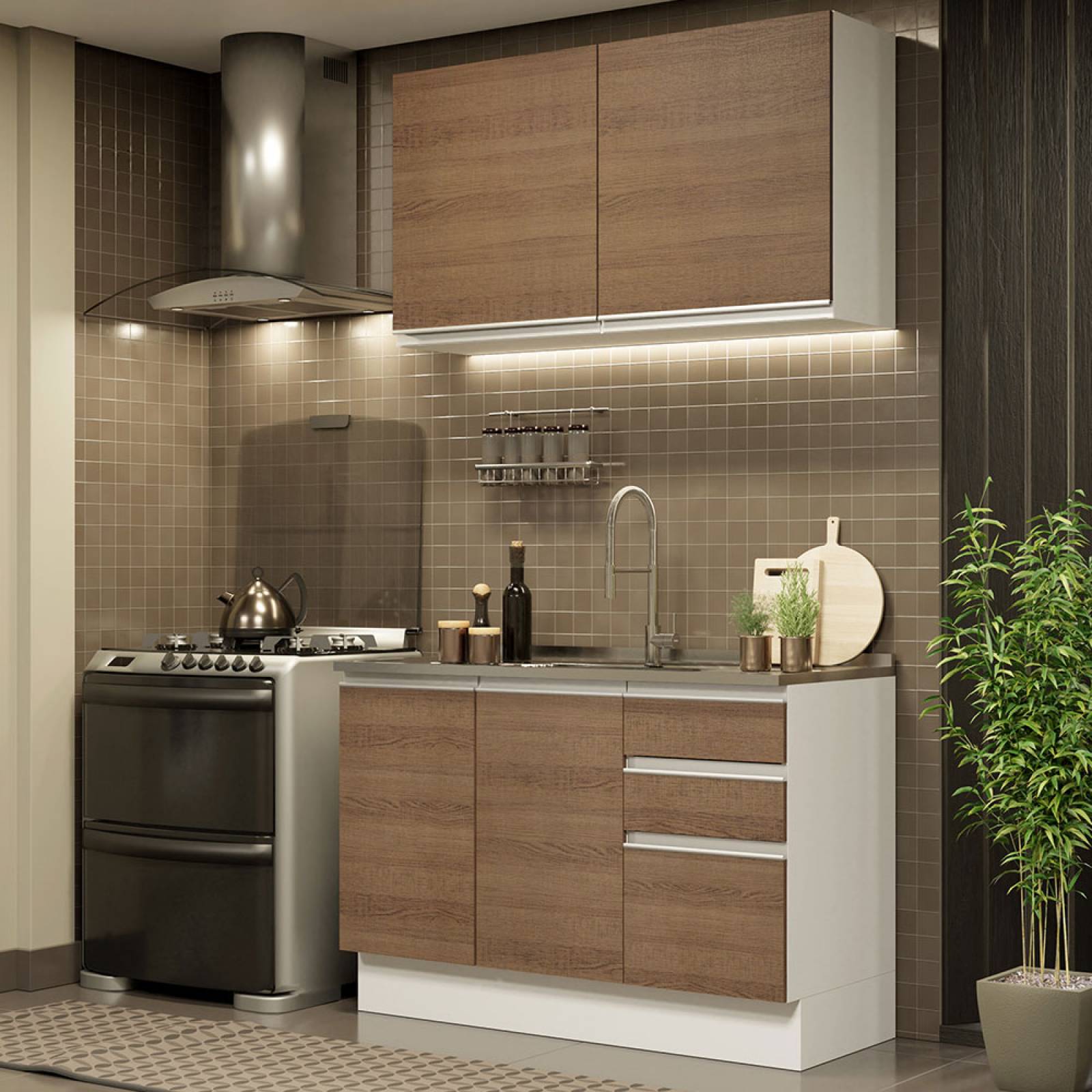 Mueble de Cocina Integral Madesa Glamy Con Mesón De Acero Con 120 Cm