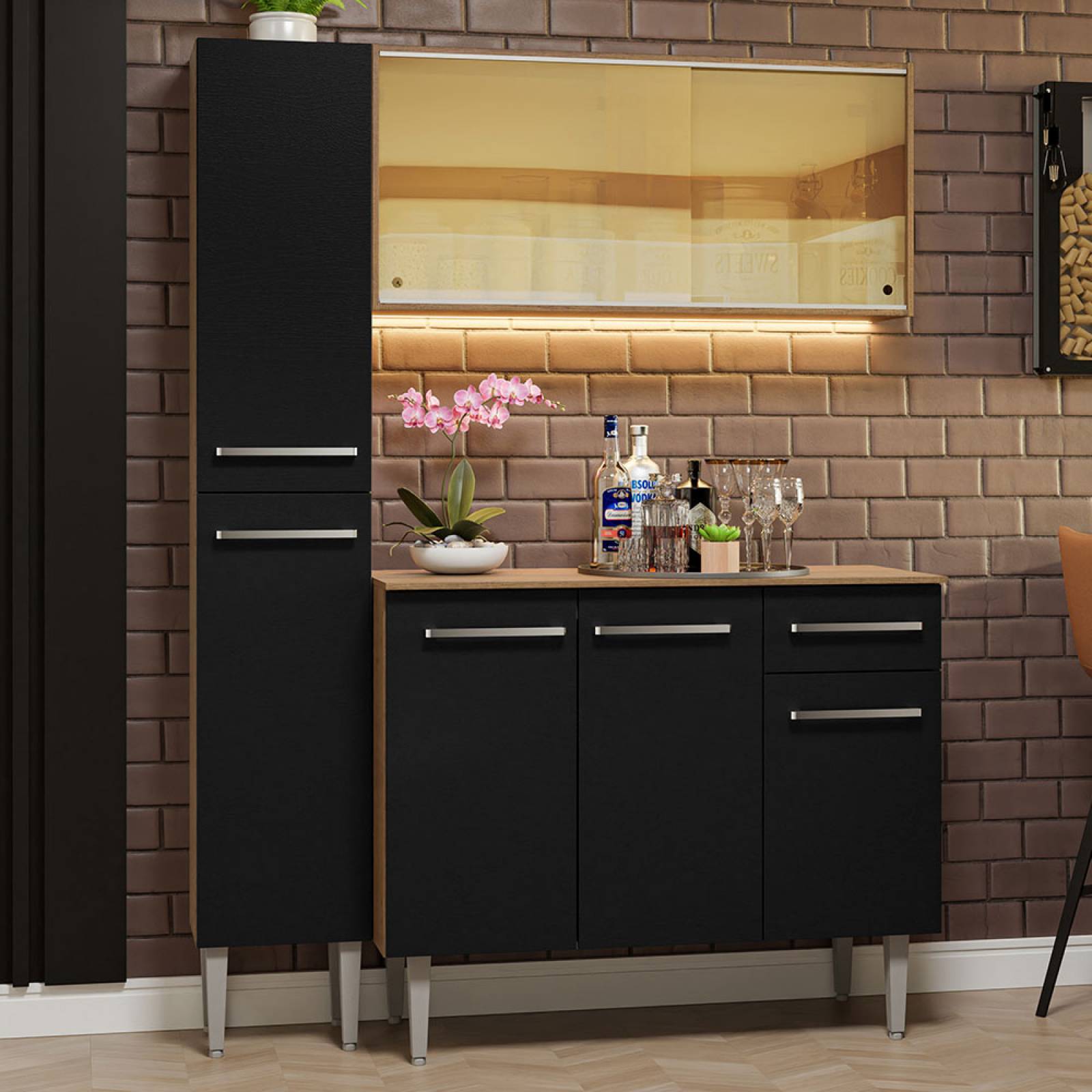 Mueble de Cocina Compacta 137cm Sin Mesón De Acero Marrón/Negro Emilly Madesa 06.