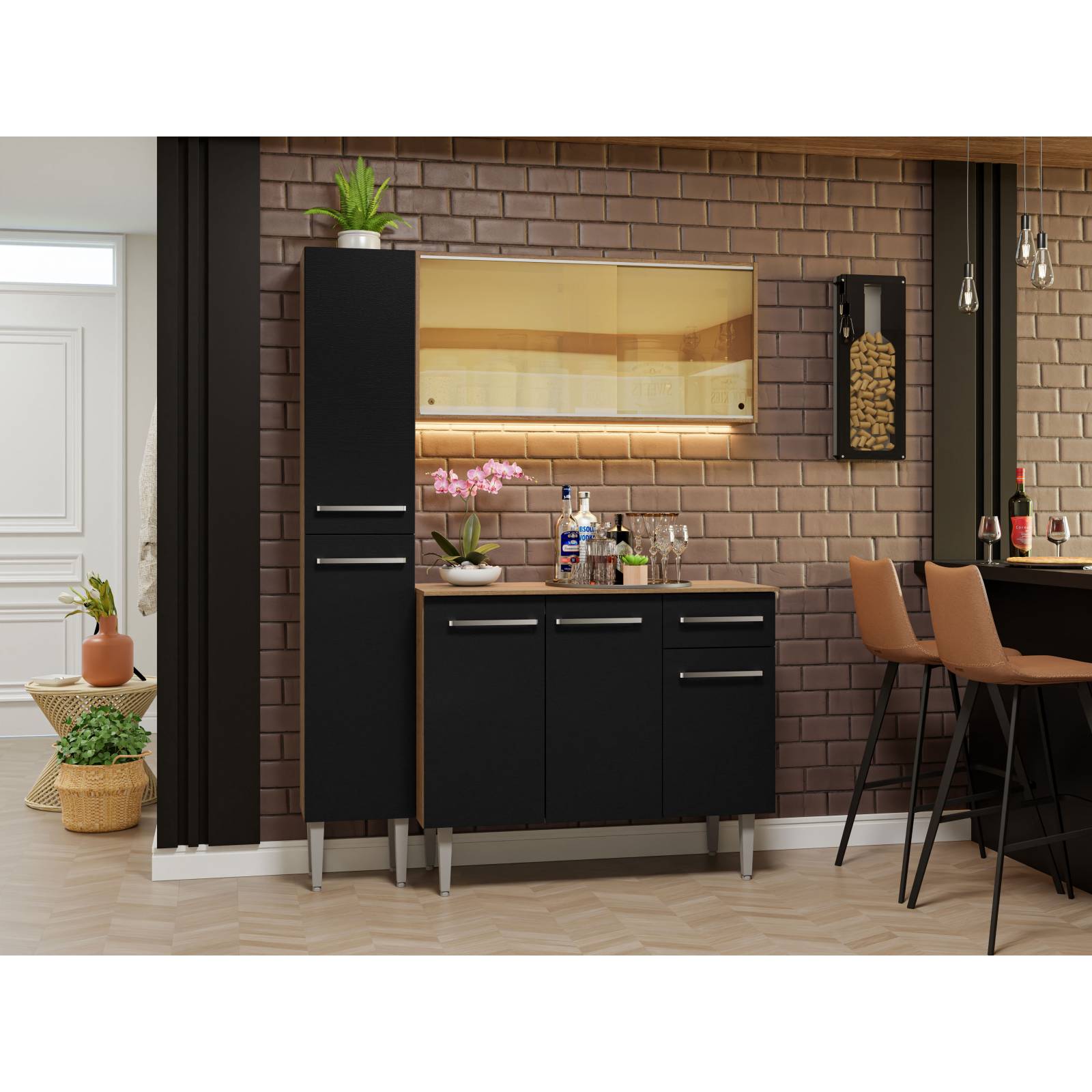 Mueble de Cocina Compacta 137cm Sin Mesón De Acero Marrón/Negro Emilly Madesa 06.