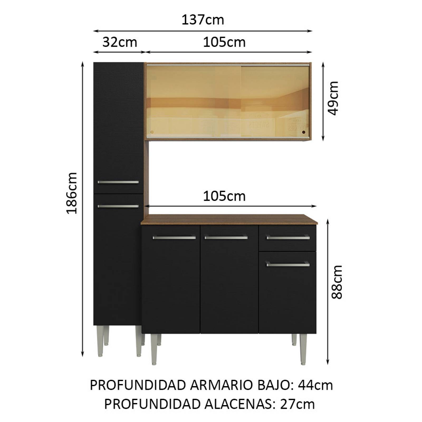 Mueble de Cocina Compacta 137cm Sin Mesón De Acero Marrón/Negro Emilly Madesa 06.