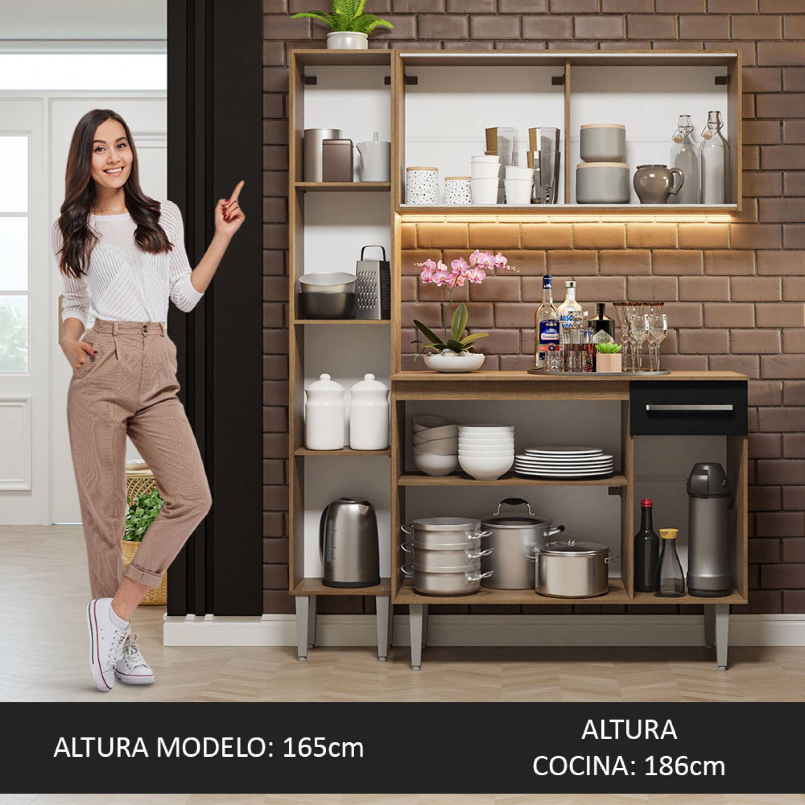 Mueble de Cocina Compacta 137cm Sin Mesón De Acero Marrón/Negro Emilly Madesa 06.