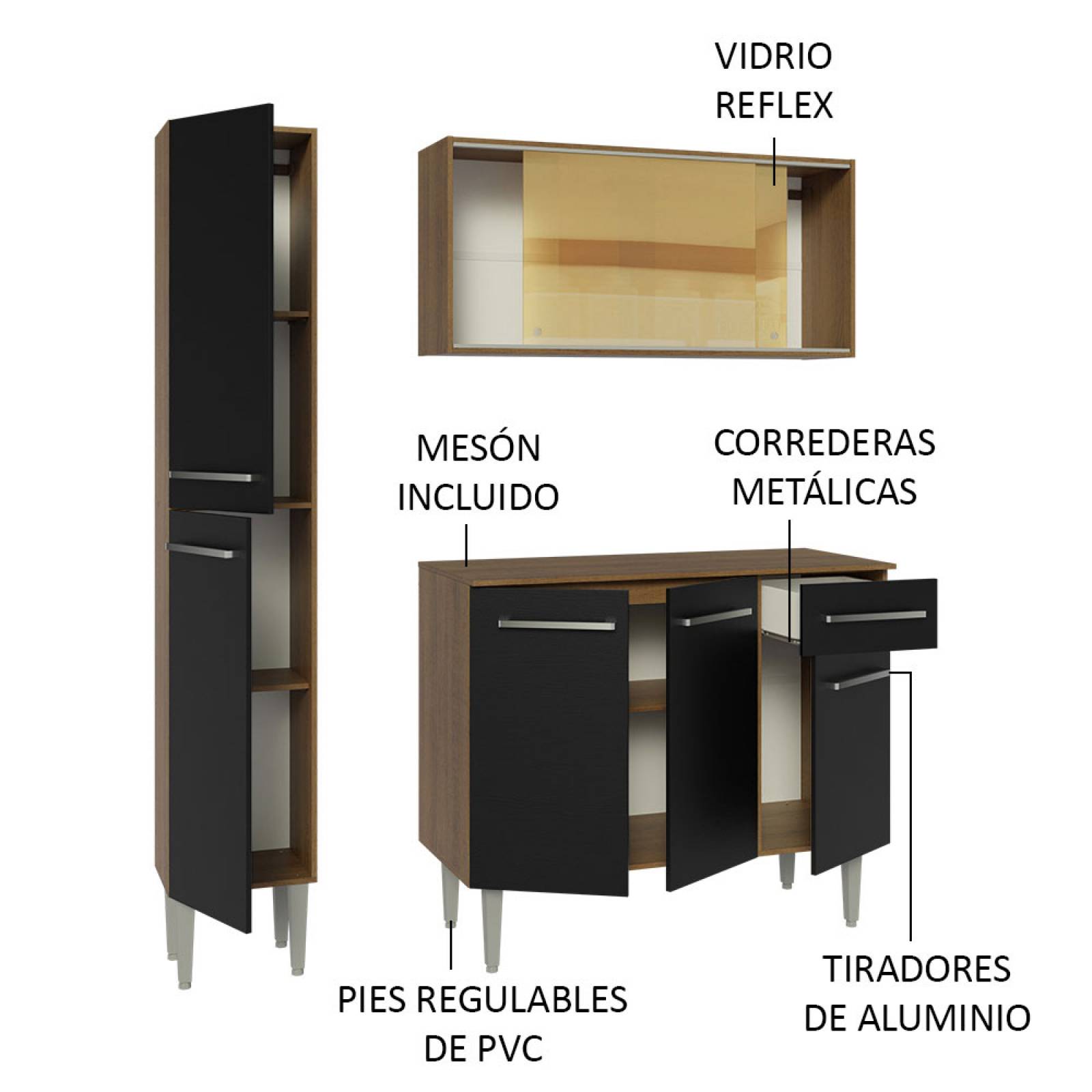 Mueble de Cocina Compacta 137cm Sin Mesón De Acero Marrón/Negro Emilly Madesa 06.