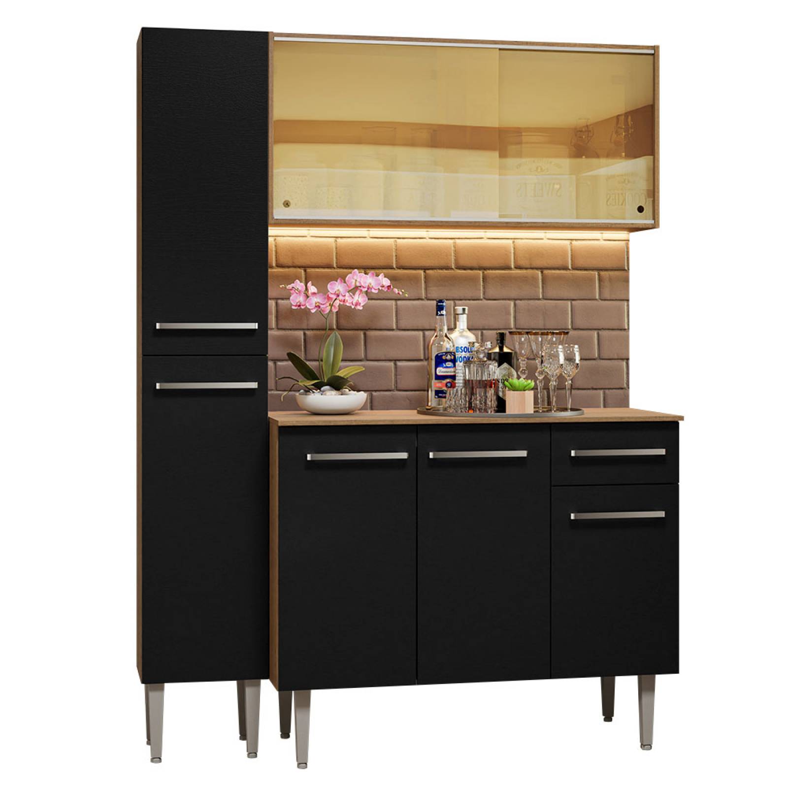 Mueble de Cocina Compacta 137cm Sin Mesón De Acero Marrón/Negro Emilly Madesa 06.