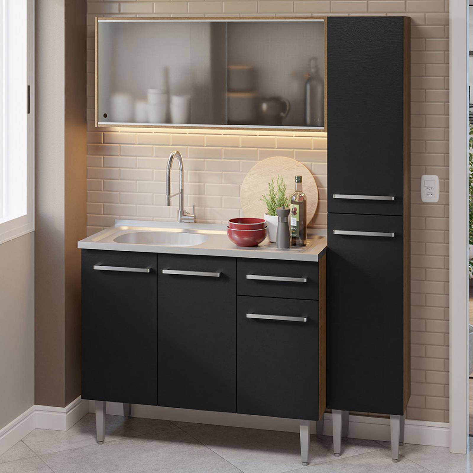 Cocina Compacta Emilly 137cm Con Mesón De Acero Marrón/Negro Madesa 07.