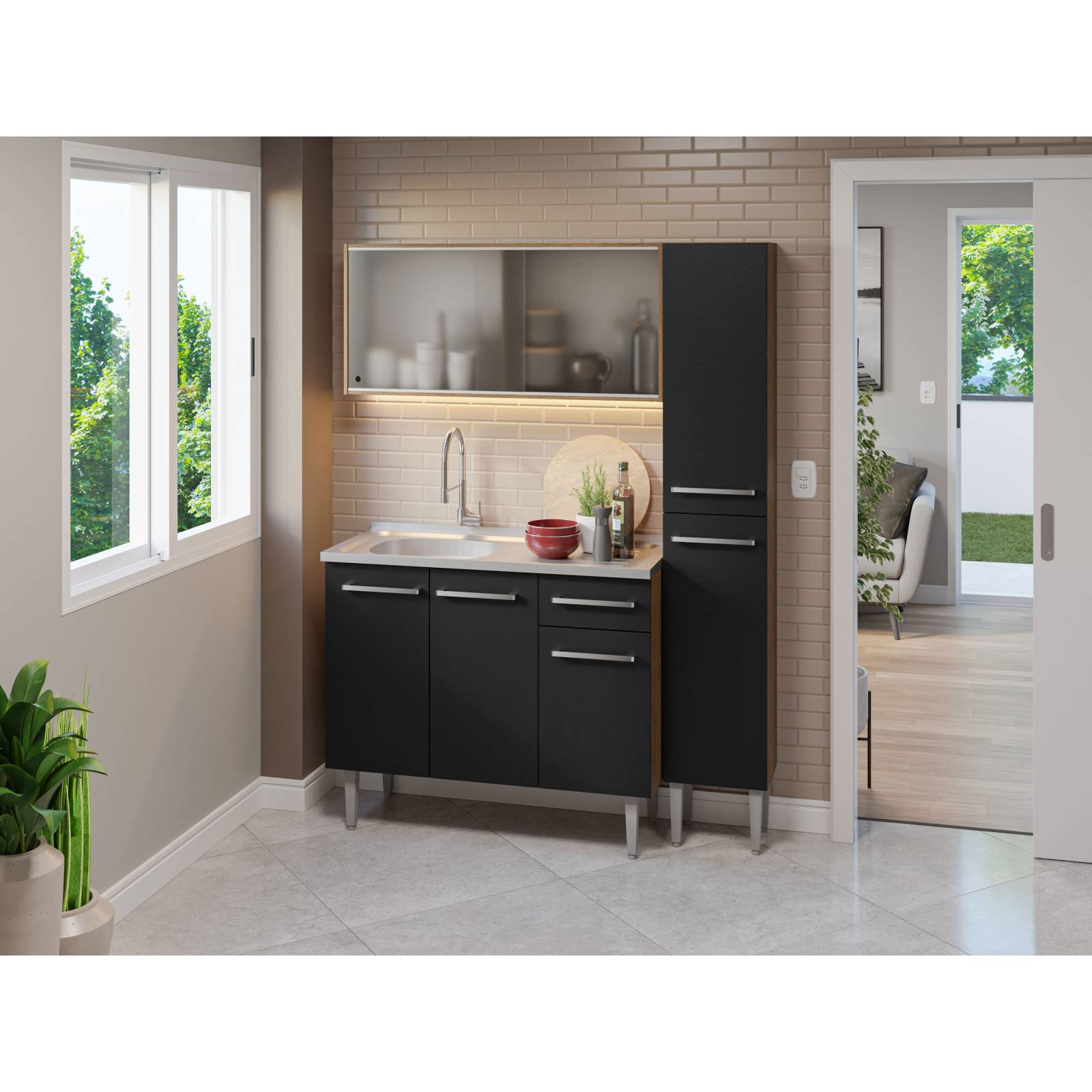 Cocina Compacta Emilly 137cm Con Mesón De Acero Marrón/Negro Madesa 07.