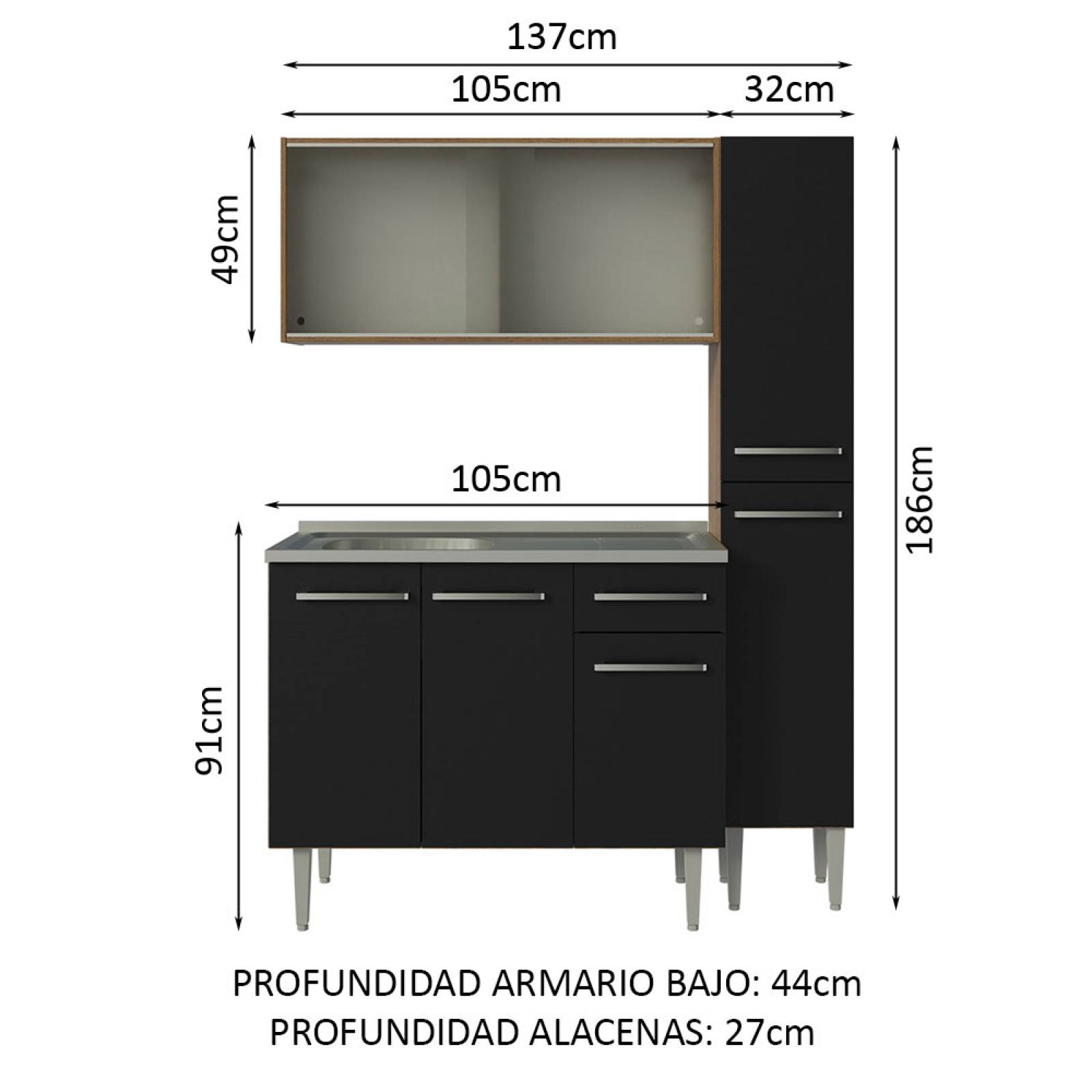 Cocina Compacta Emilly 137cm Con Mesón De Acero Marrón/Negro Madesa 07.