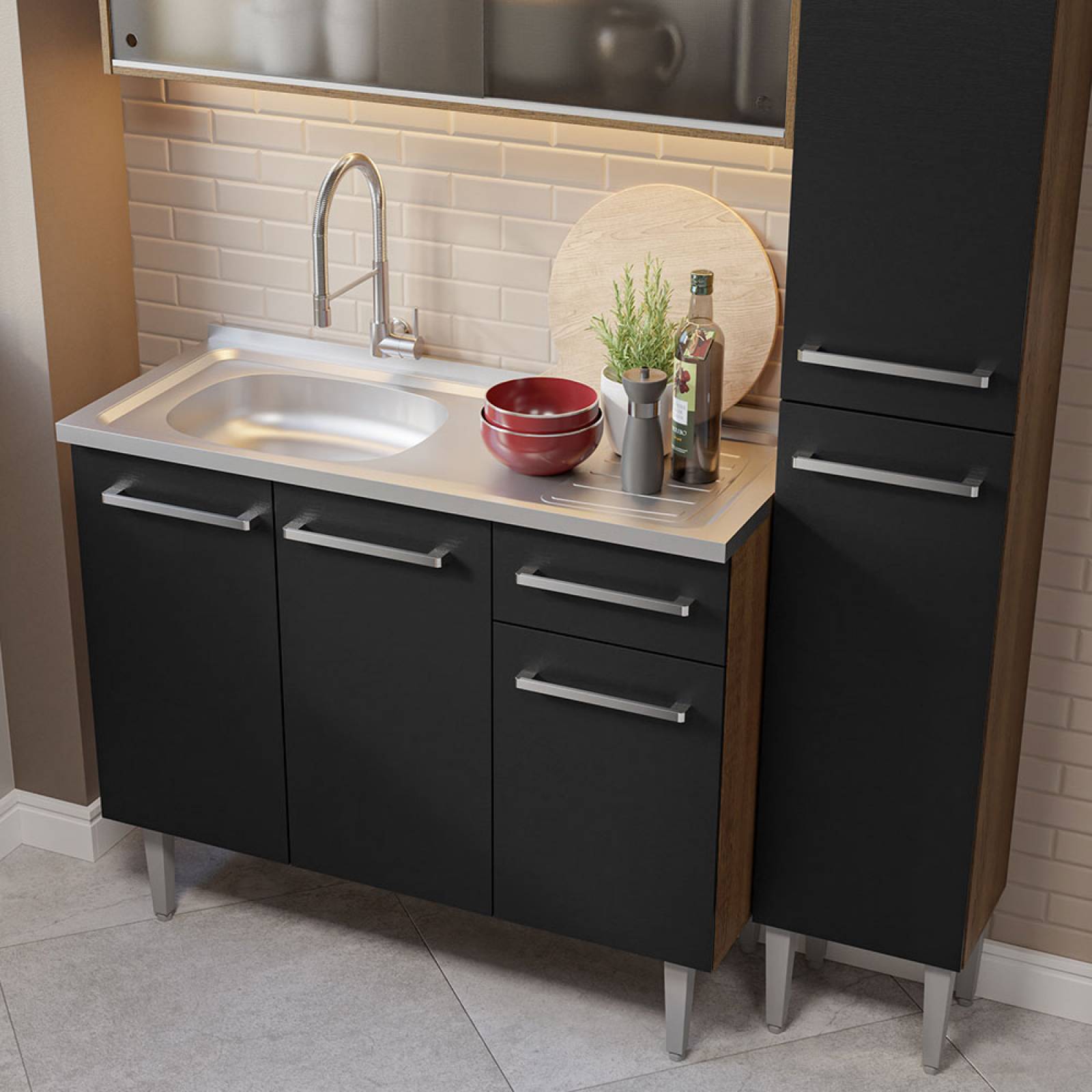 Cocina Compacta Emilly 137cm Con Mesón De Acero Marrón/Negro Madesa 07.
