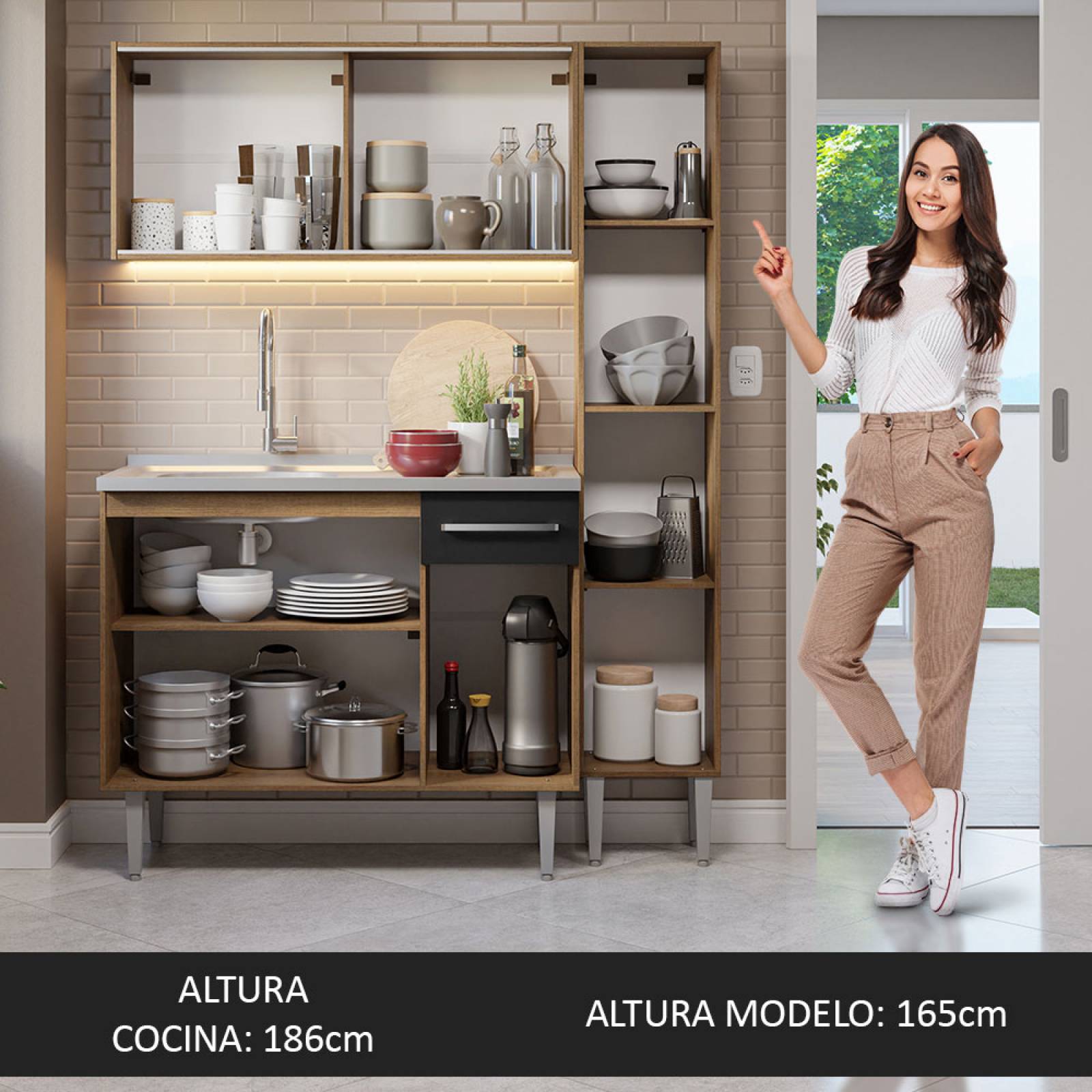 Cocina Compacta Emilly 137cm Con Mesón De Acero Marrón/Negro Madesa 07.