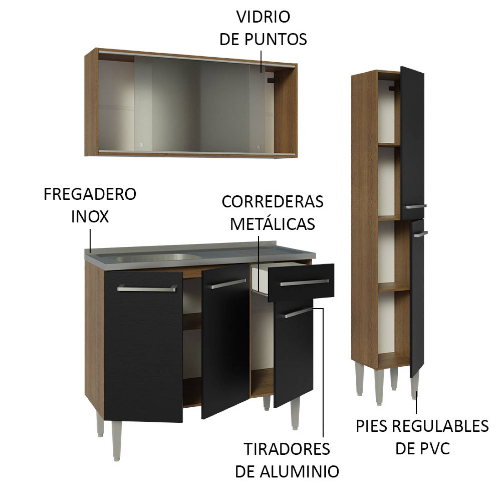 Cocina Compacta Emilly 137cm Con Mesón De Acero Marrón/Negro Madesa 07.