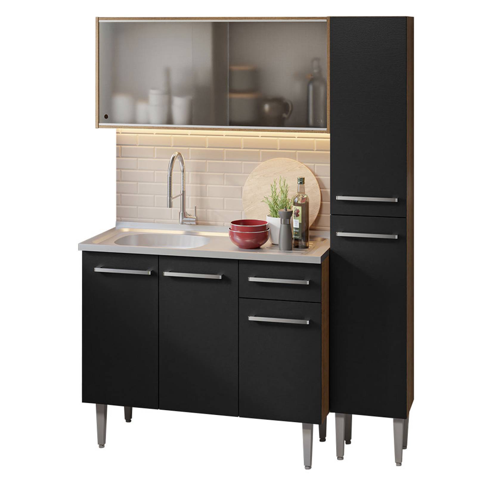 Cocina Compacta Emilly 137cm Con Mesón De Acero Marrón/Negro Madesa 07.