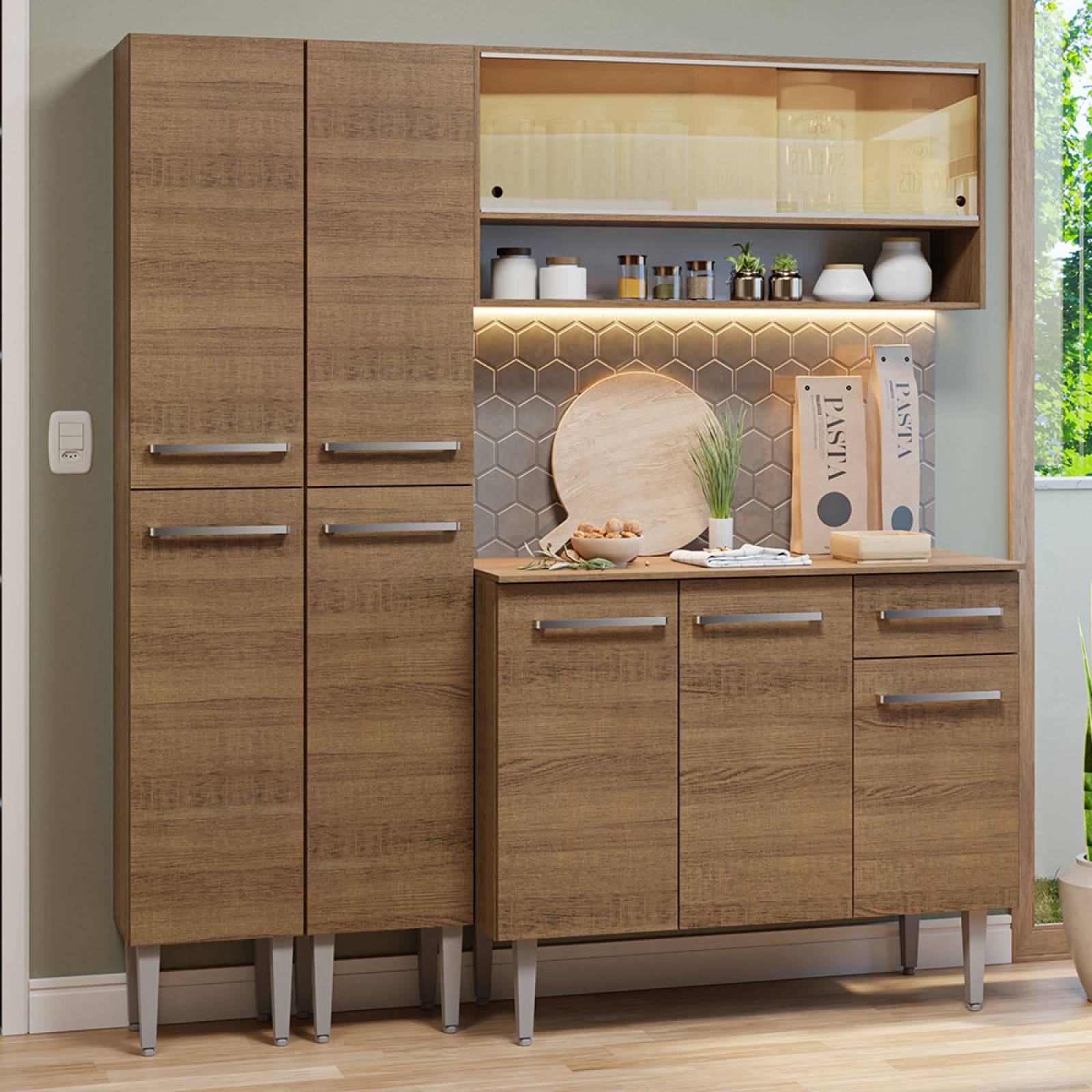 Mueble de Cocina Compacta 169cm Sin Mesón De Acero Marrón Emilly Madesa 13.