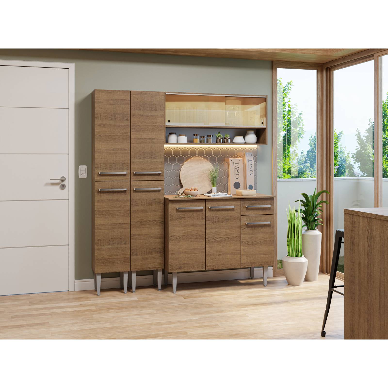 Mueble de Cocina Compacta 169cm Sin Mesón De Acero Marrón Emilly Madesa 13.
