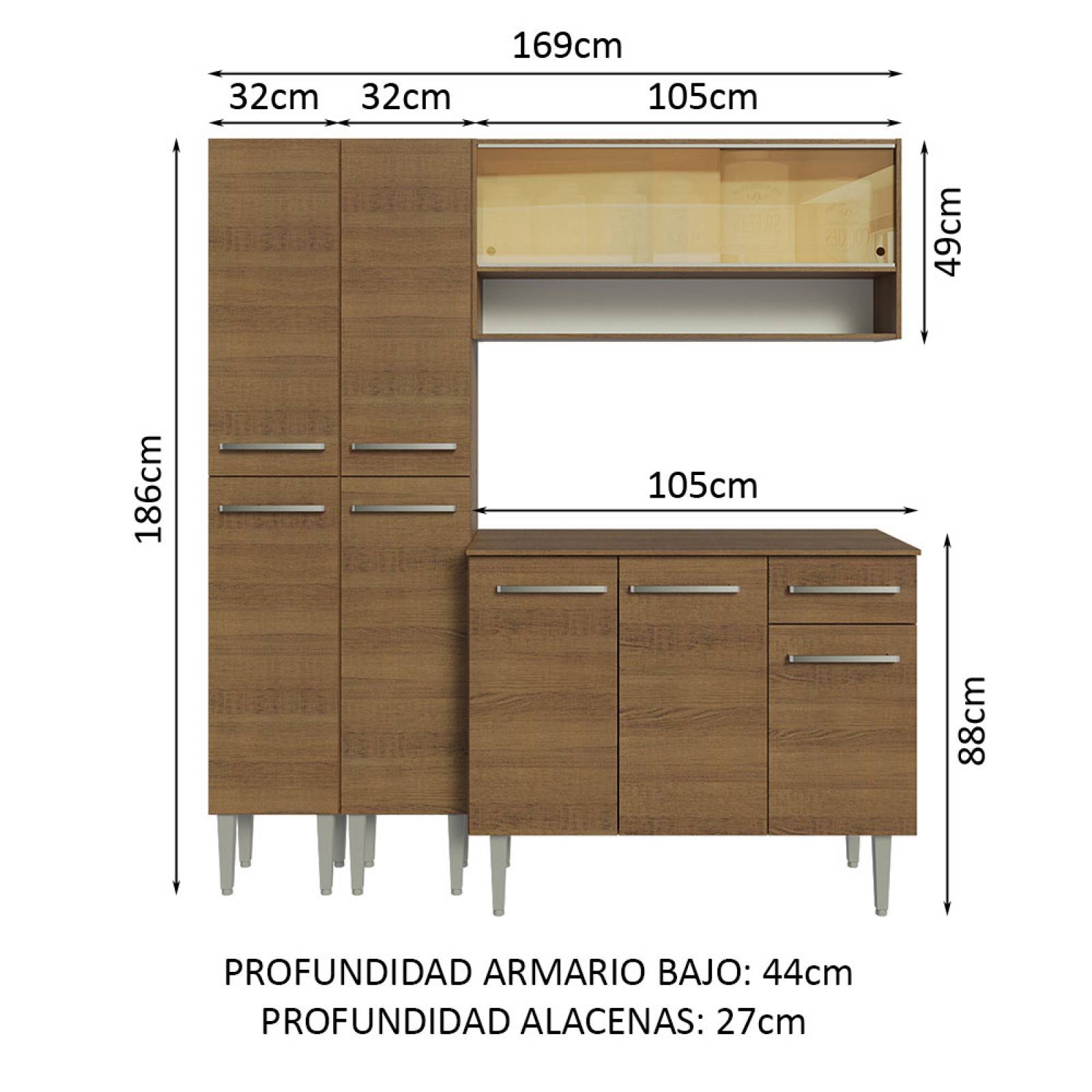 Mueble de Cocina Compacta 169cm Sin Mesón De Acero Marrón Emilly Madesa 13.