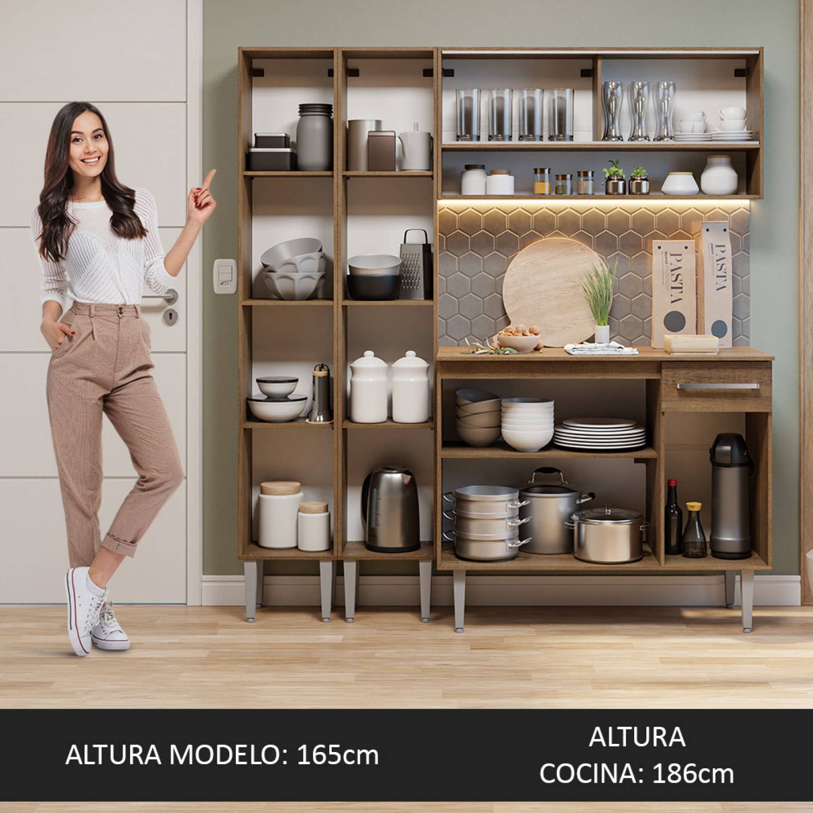 Mueble de Cocina Compacta 169cm Sin Mesón De Acero Marrón Emilly Madesa 13.