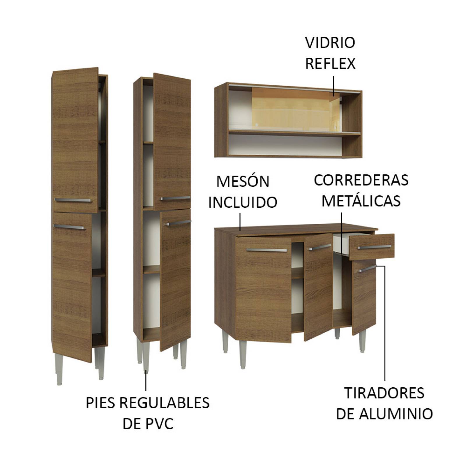 Mueble de Cocina Compacta 169cm Sin Mesón De Acero Marrón Emilly Madesa 13.