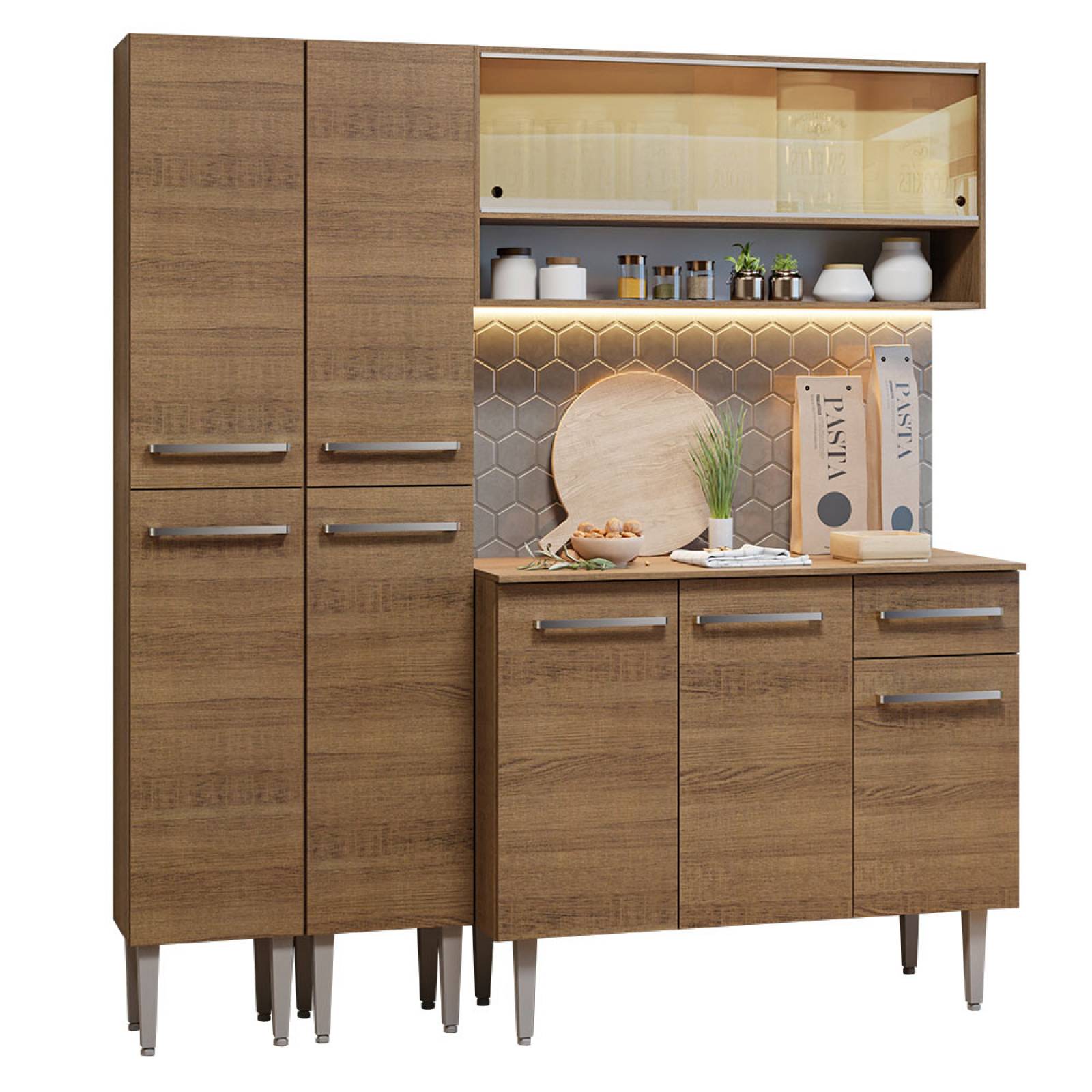 Mueble de Cocina Compacta 169cm Sin Mesón De Acero Marrón Emilly Madesa 13.
