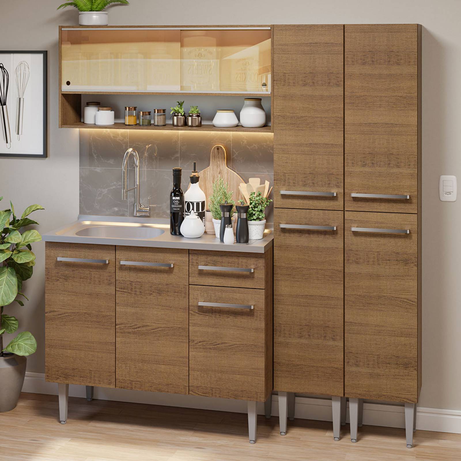 Cocina Compacta 169cm Con Mesón De Acero Marrón Emilly Madesa 13.