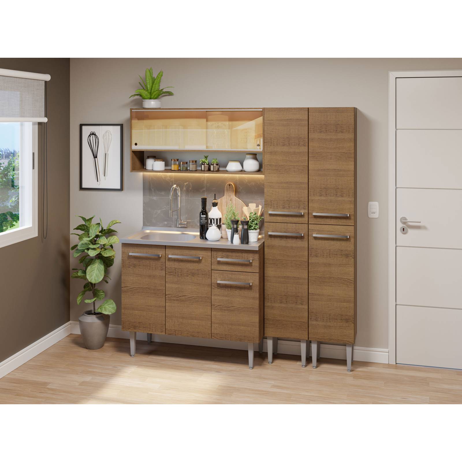 Cocina Compacta 169cm Con Mesón De Acero Marrón Emilly Madesa 13.