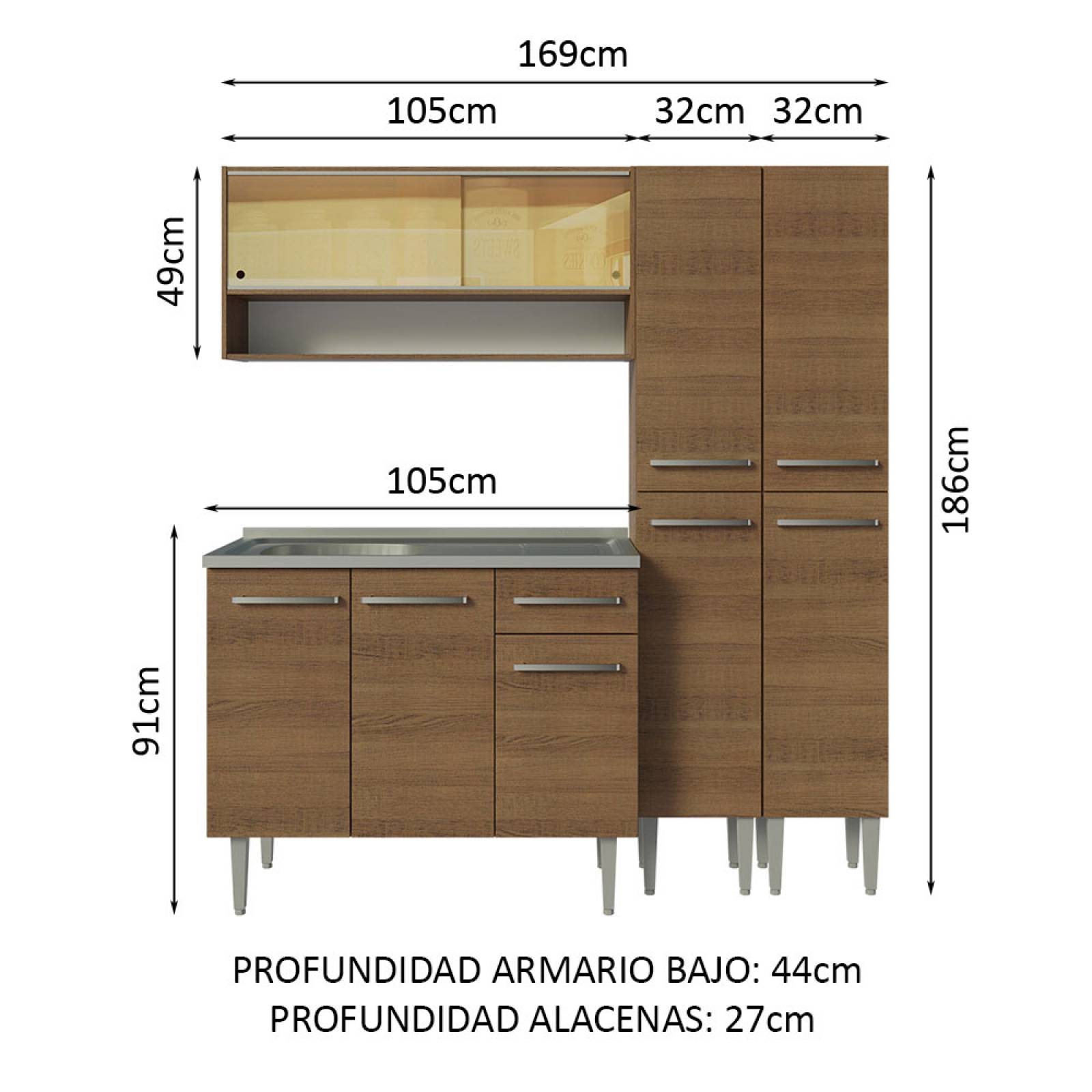 Cocina Compacta 169cm Con Mesón De Acero Marrón Emilly Madesa 13.