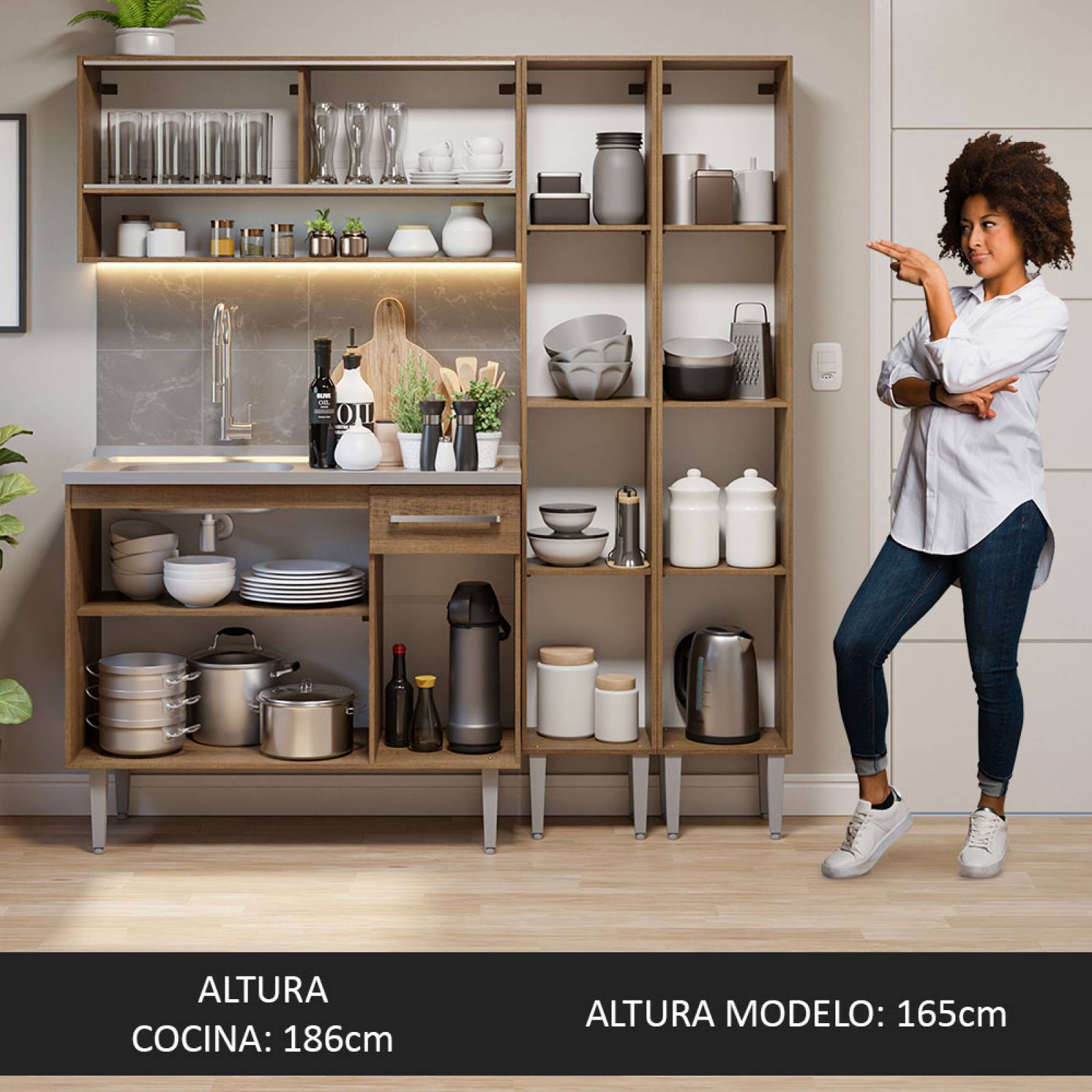 Cocina Compacta 169cm Con Mesón De Acero Marrón Emilly Madesa 13.