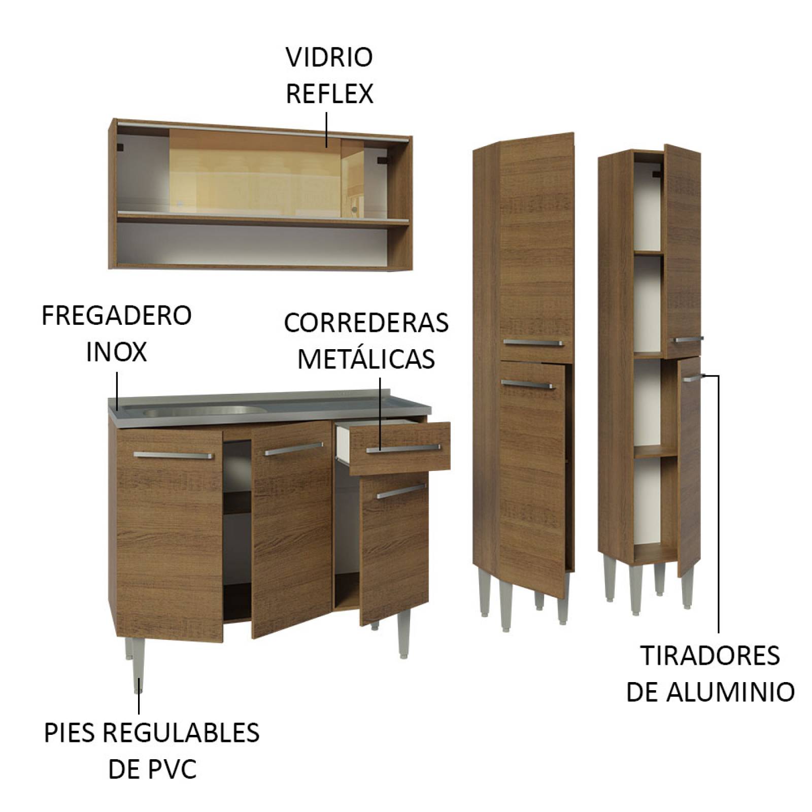 Cocina Compacta 169cm Con Mesón De Acero Marrón Emilly Madesa 13.